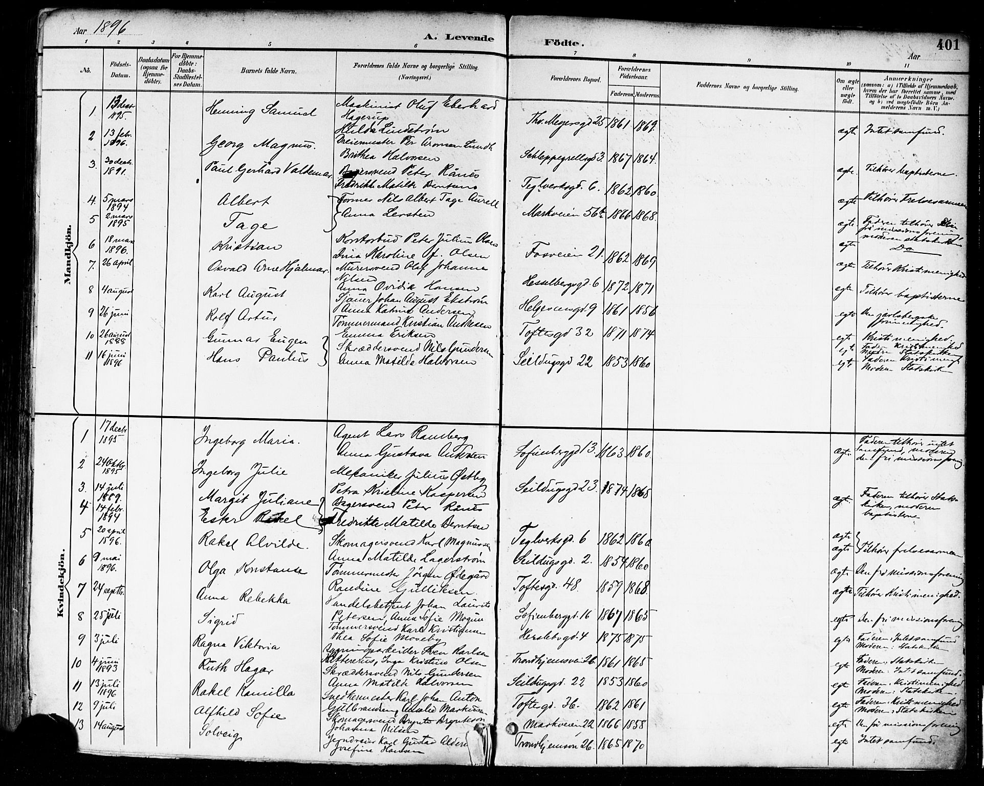 Paulus prestekontor Kirkebøker, SAO/A-10871/F/Fa/L0014: Parish register (official) no. 14, 1894-1902, p. 401