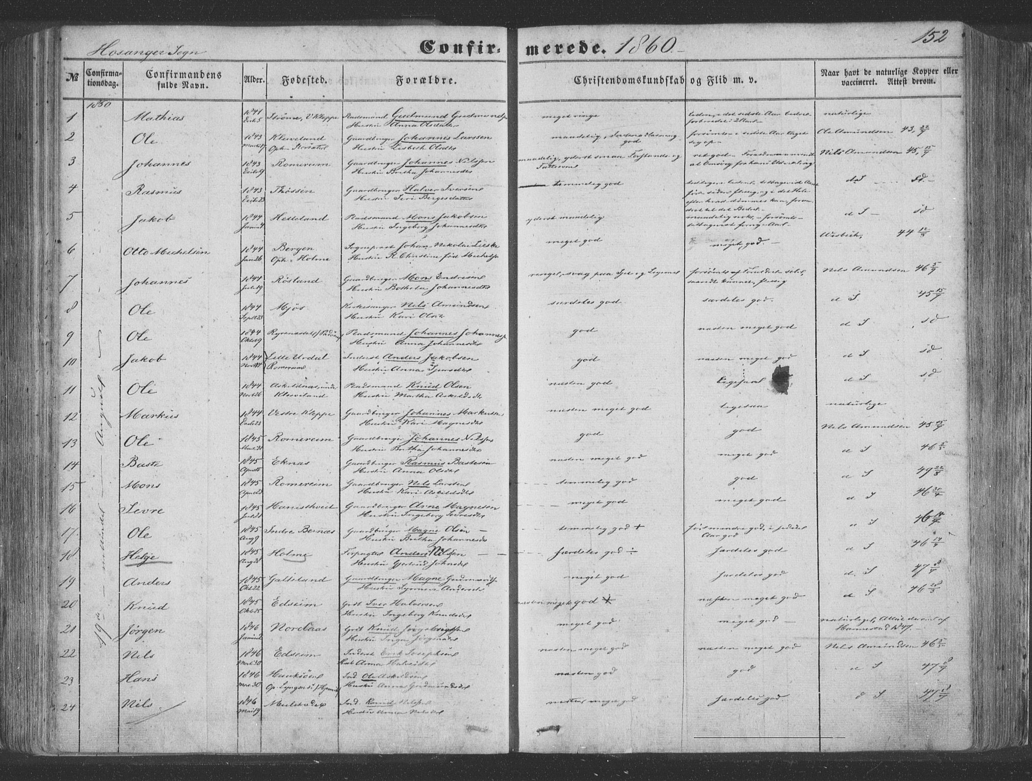 Hosanger sokneprestembete, AV/SAB-A-75801/H/Haa: Parish register (official) no. A 8, 1849-1863, p. 152