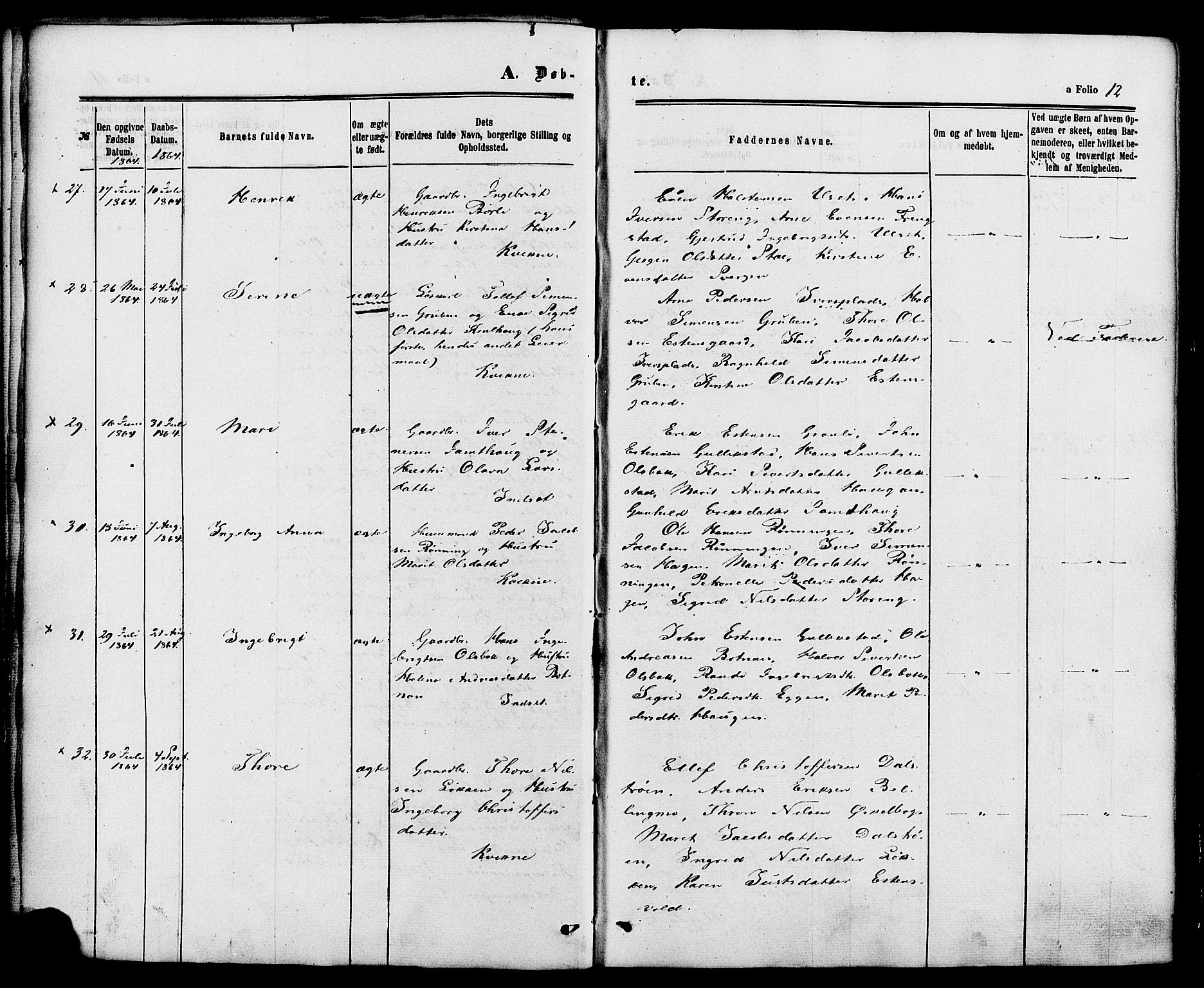 Kvikne prestekontor, SAH/PREST-064/H/Ha/Haa/L0006: Parish register (official) no. 6, 1863-1886, p. 12