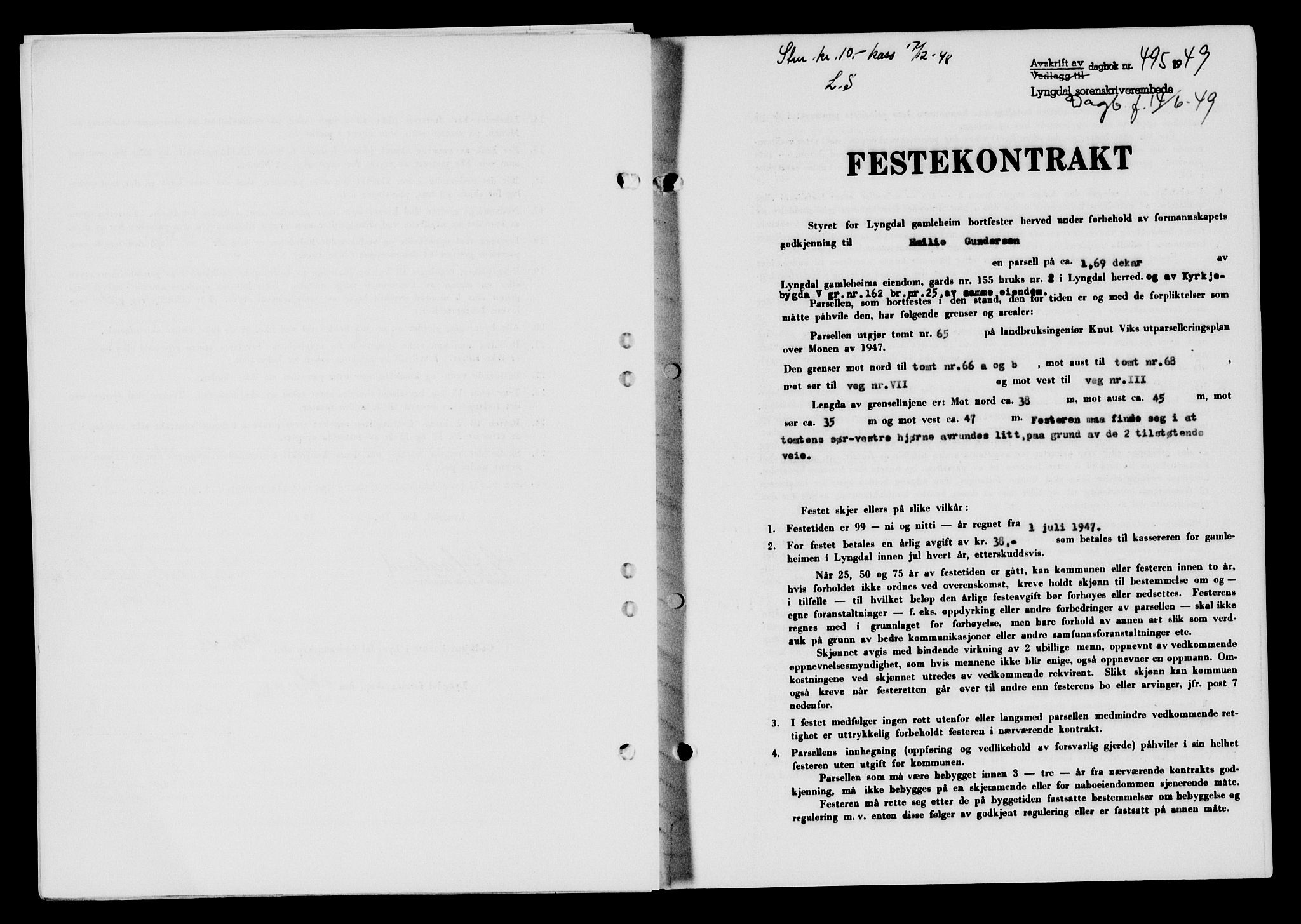 Lyngdal sorenskriveri, AV/SAK-1221-0004/G/Gb/L0663: Mortgage book no. A IX, 1948-1949, Diary no: : 495/1949