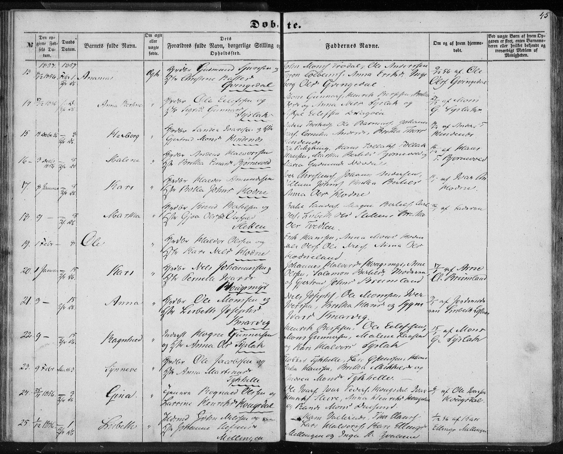 Lindås Sokneprestembete, AV/SAB-A-76701/H/Haa/Haaa/L0011: Parish register (official) no. A 11, 1854-1869, p. 45