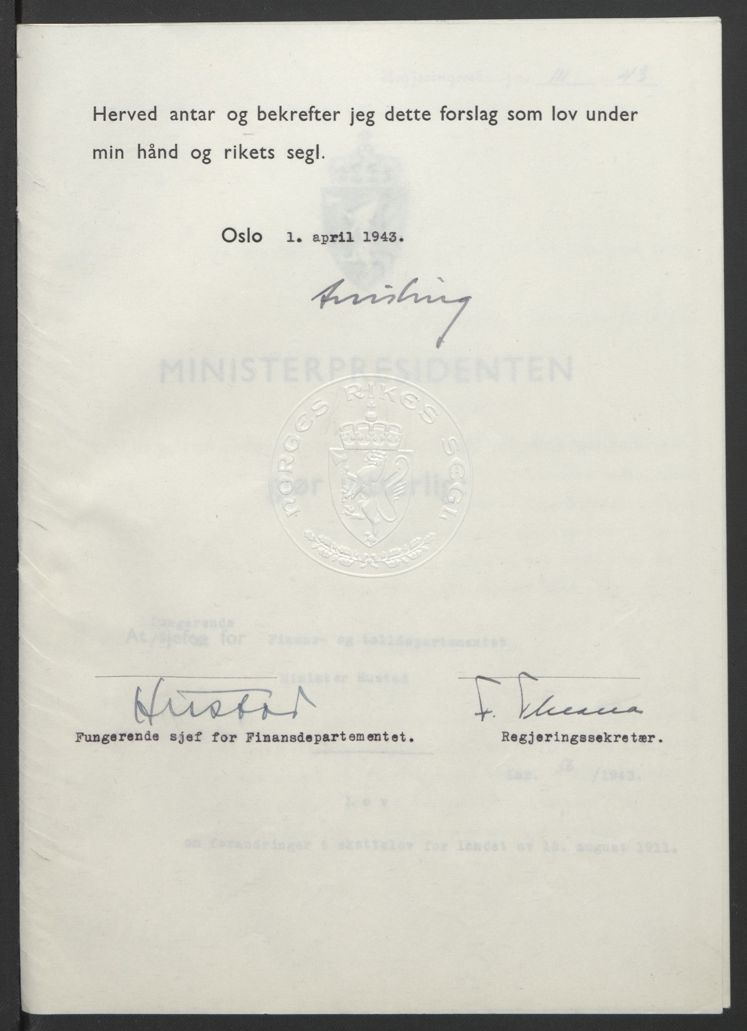 NS-administrasjonen 1940-1945 (Statsrådsekretariatet, de kommisariske statsråder mm), RA/S-4279/D/Db/L0099: Lover, 1943, p. 254