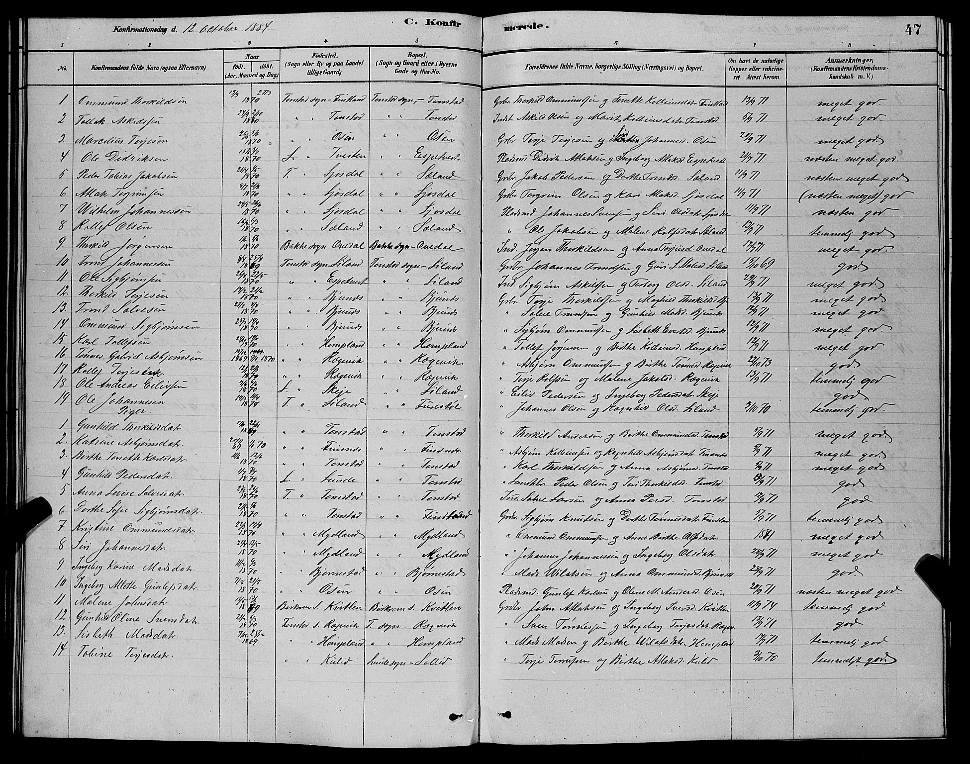 Sirdal sokneprestkontor, AV/SAK-1111-0036/F/Fb/Fbb/L0003: Parish register (copy) no. B 3, 1878-1894, p. 47