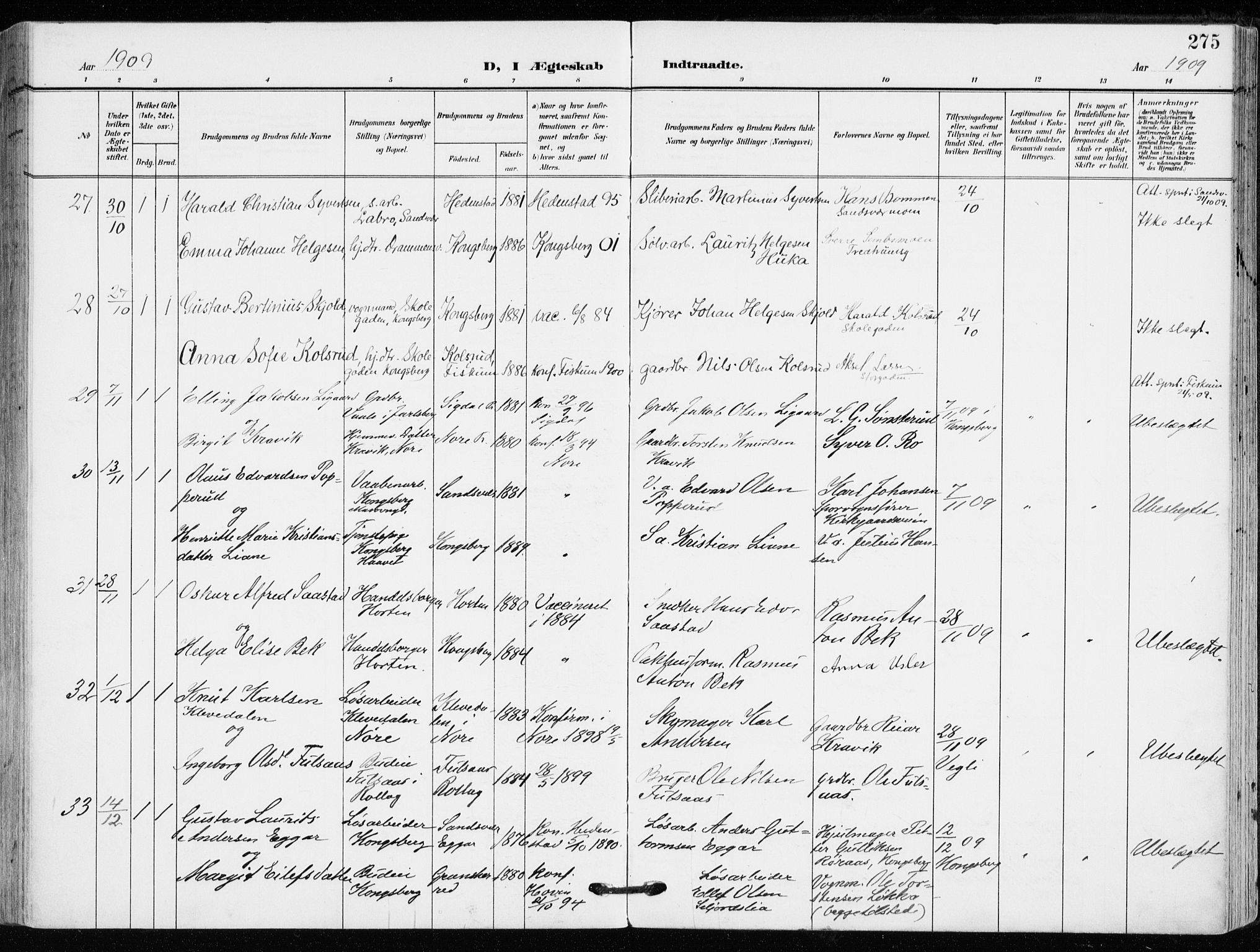 Kongsberg kirkebøker, AV/SAKO-A-22/F/Fb/L0004: Parish register (official) no. II 4, 1906-1918, p. 275