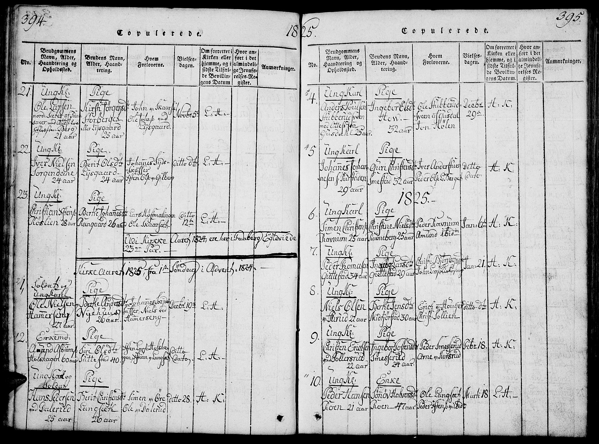 Fåberg prestekontor, AV/SAH-PREST-086/H/Ha/Hab/L0004: Parish register (copy) no. 4, 1818-1837, p. 394-395