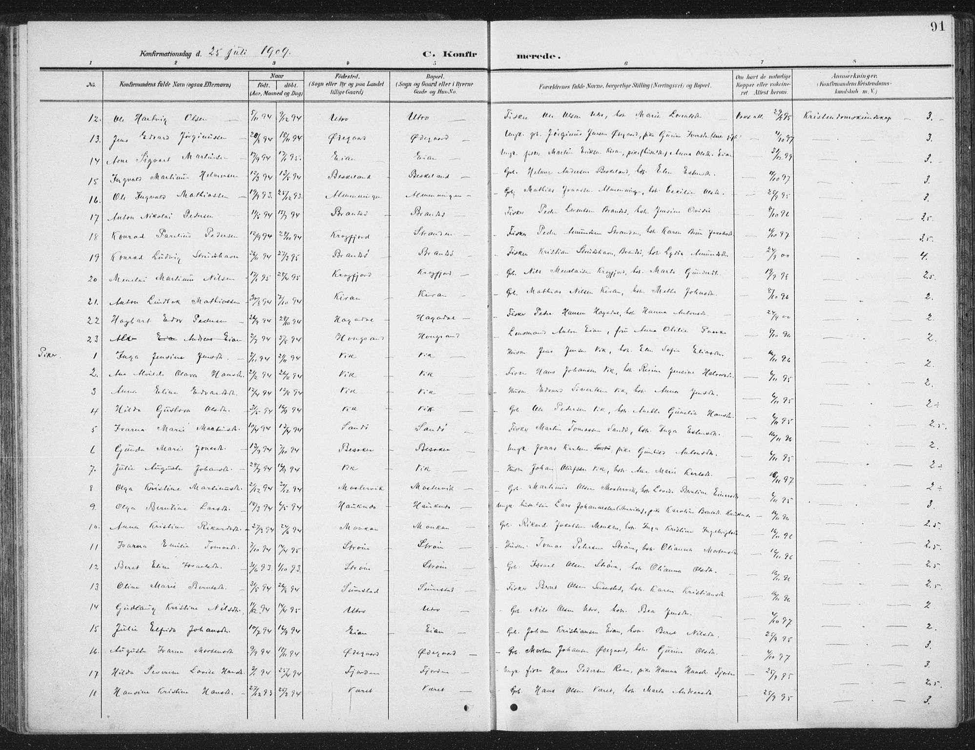 Ministerialprotokoller, klokkerbøker og fødselsregistre - Sør-Trøndelag, SAT/A-1456/657/L0709: Parish register (official) no. 657A10, 1905-1919, p. 91