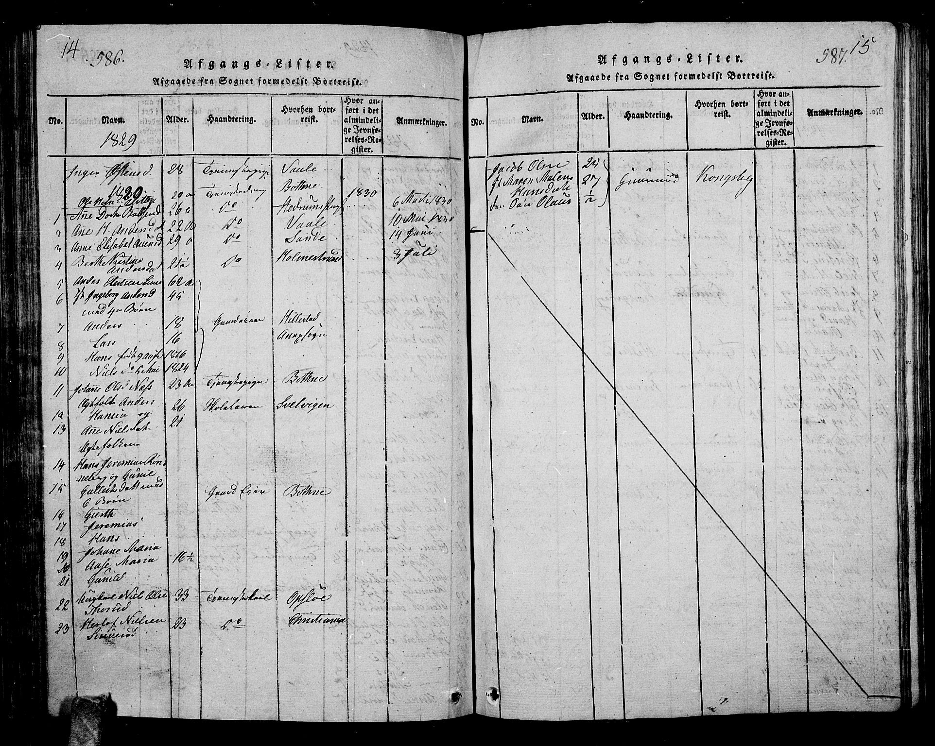 Hof kirkebøker, AV/SAKO-A-64/G/Ga/L0001: Parish register (copy) no. I 1, 1814-1844, p. 586-587