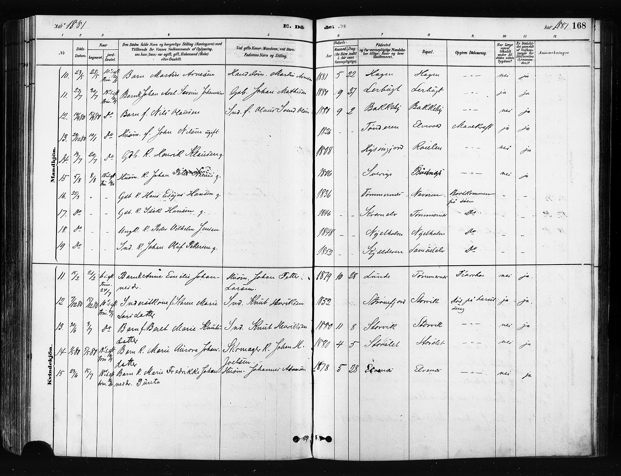 Skjervøy sokneprestkontor, SATØ/S-1300/H/Ha/Haa/L0014kirke: Parish register (official) no. 14, 1878-1894, p. 168