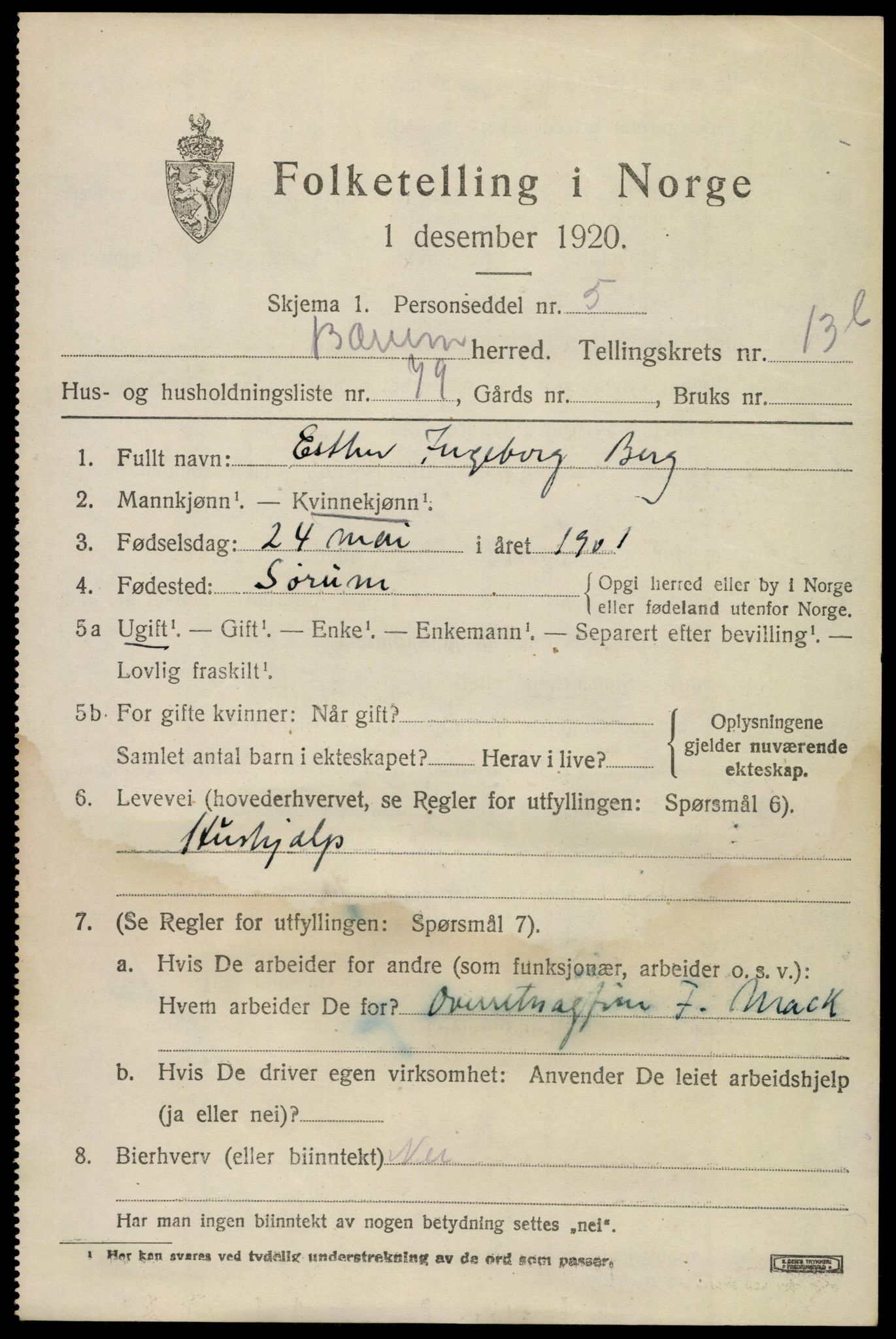 SAO, 1920 census for Bærum, 1920, p. 38964