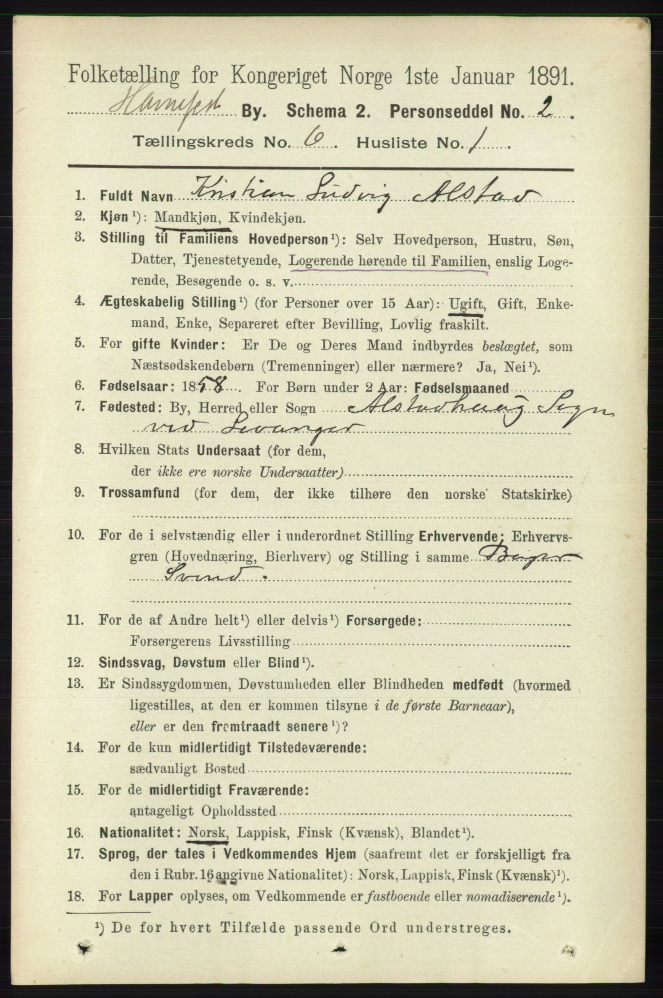 RA, 1891 census for 2001 Hammerfest, 1891, p. 1709