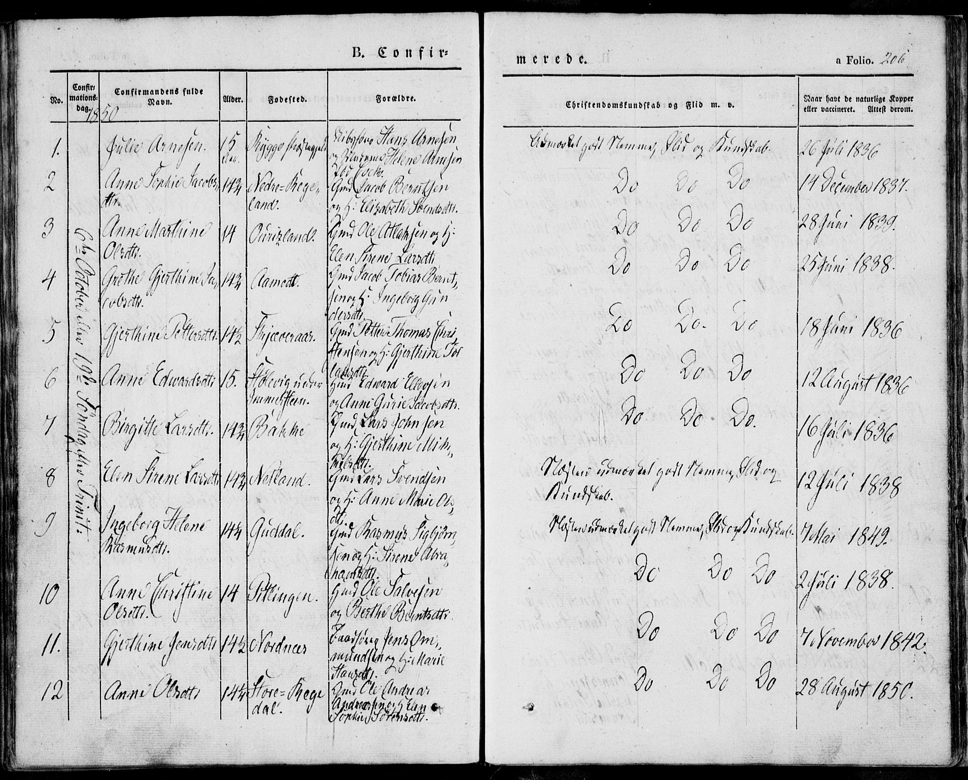 Sokndal sokneprestkontor, AV/SAST-A-101808: Parish register (official) no. A 8.1, 1842-1857, p. 206