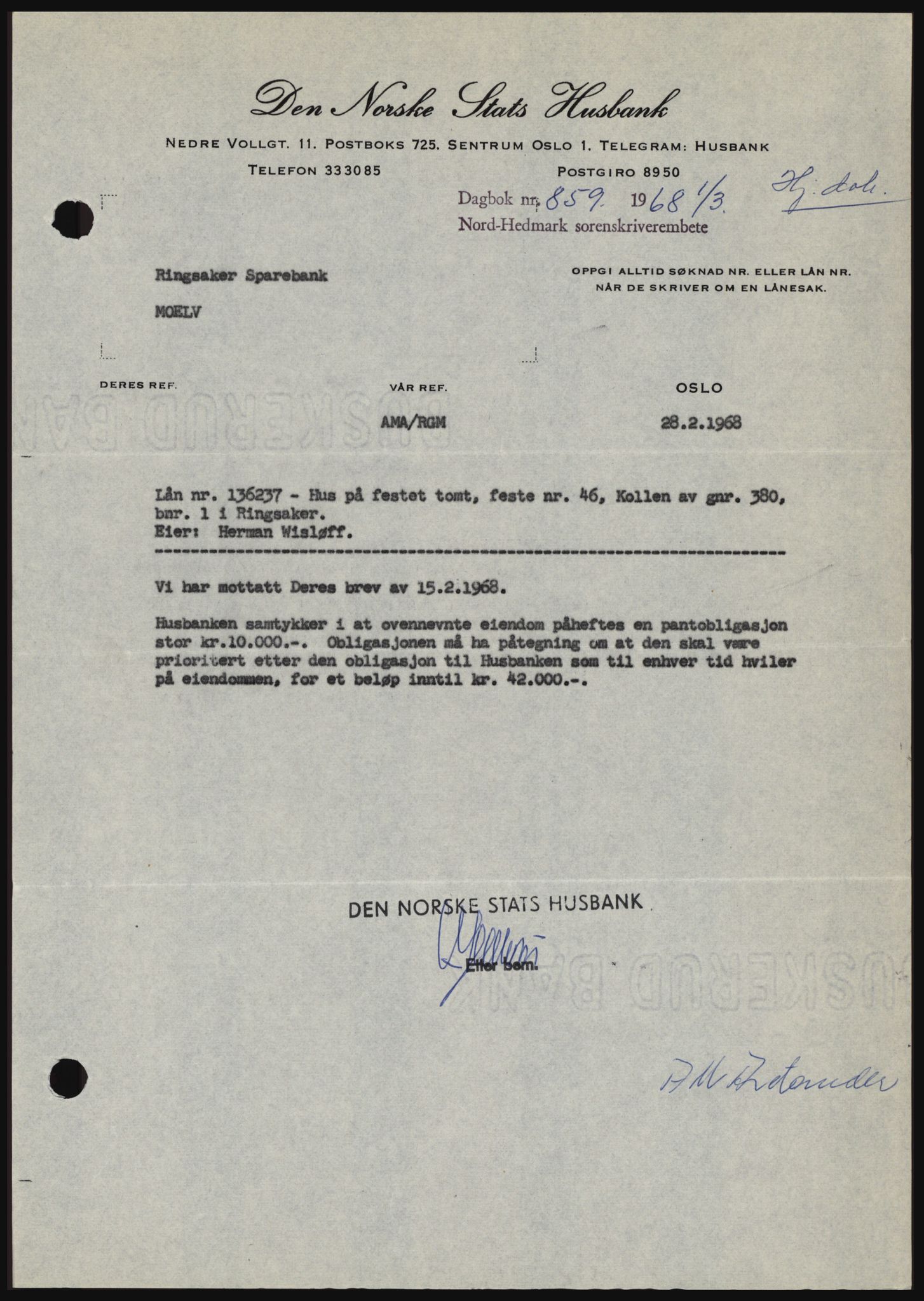 Nord-Hedmark sorenskriveri, SAH/TING-012/H/Hc/L0027: Mortgage book no. 27, 1967-1968, Diary no: : 859/1968