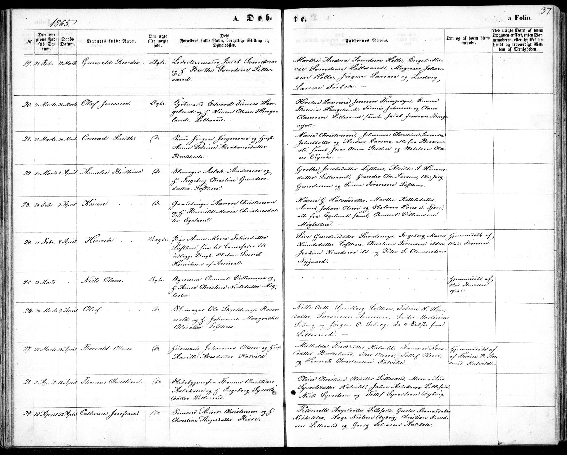 Vestre Moland sokneprestkontor, AV/SAK-1111-0046/F/Fb/Fbb/L0004: Parish register (copy) no. B 4, 1861-1872, p. 37