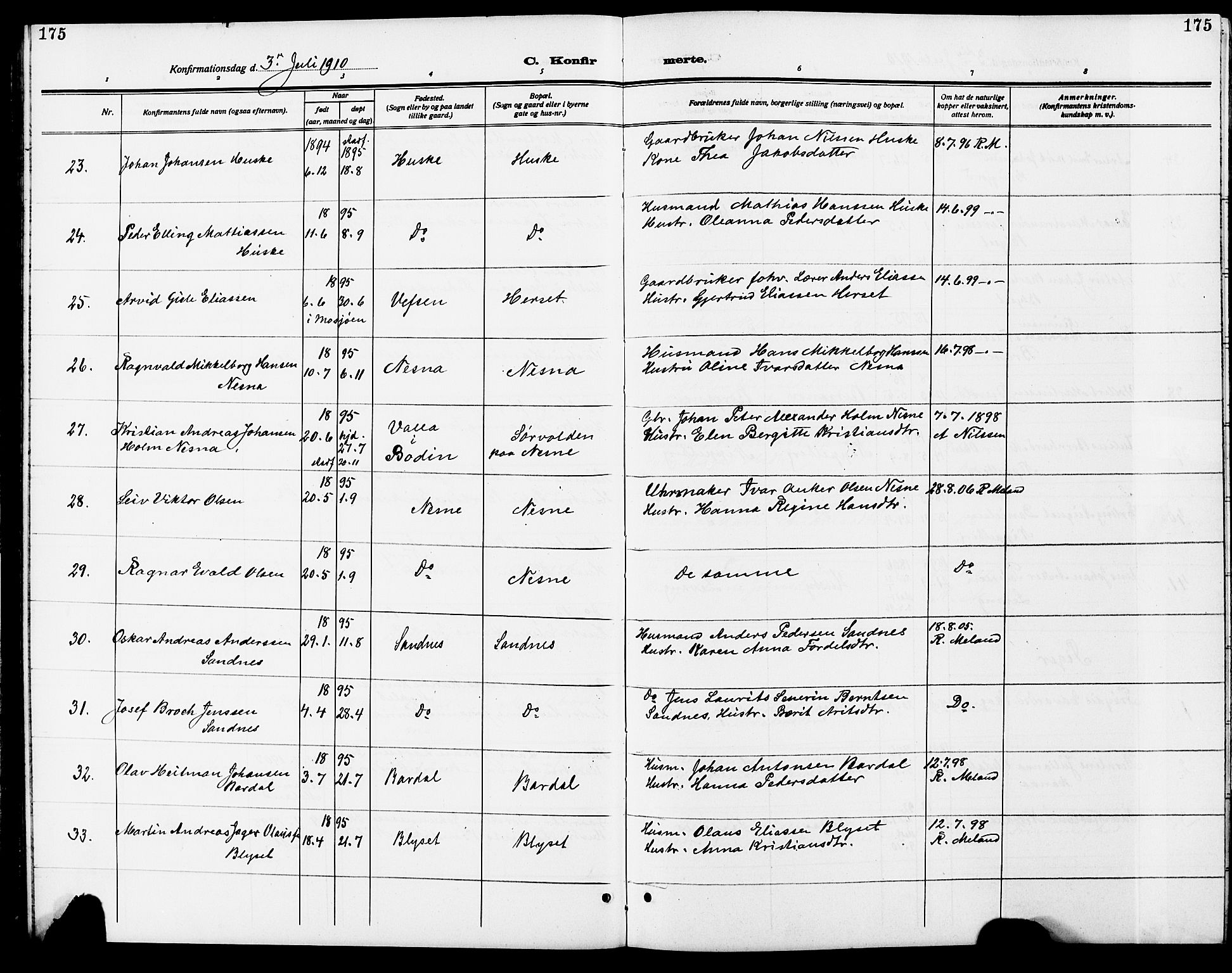 Ministerialprotokoller, klokkerbøker og fødselsregistre - Nordland, AV/SAT-A-1459/838/L0560: Parish register (copy) no. 838C07, 1910-1928, p. 175