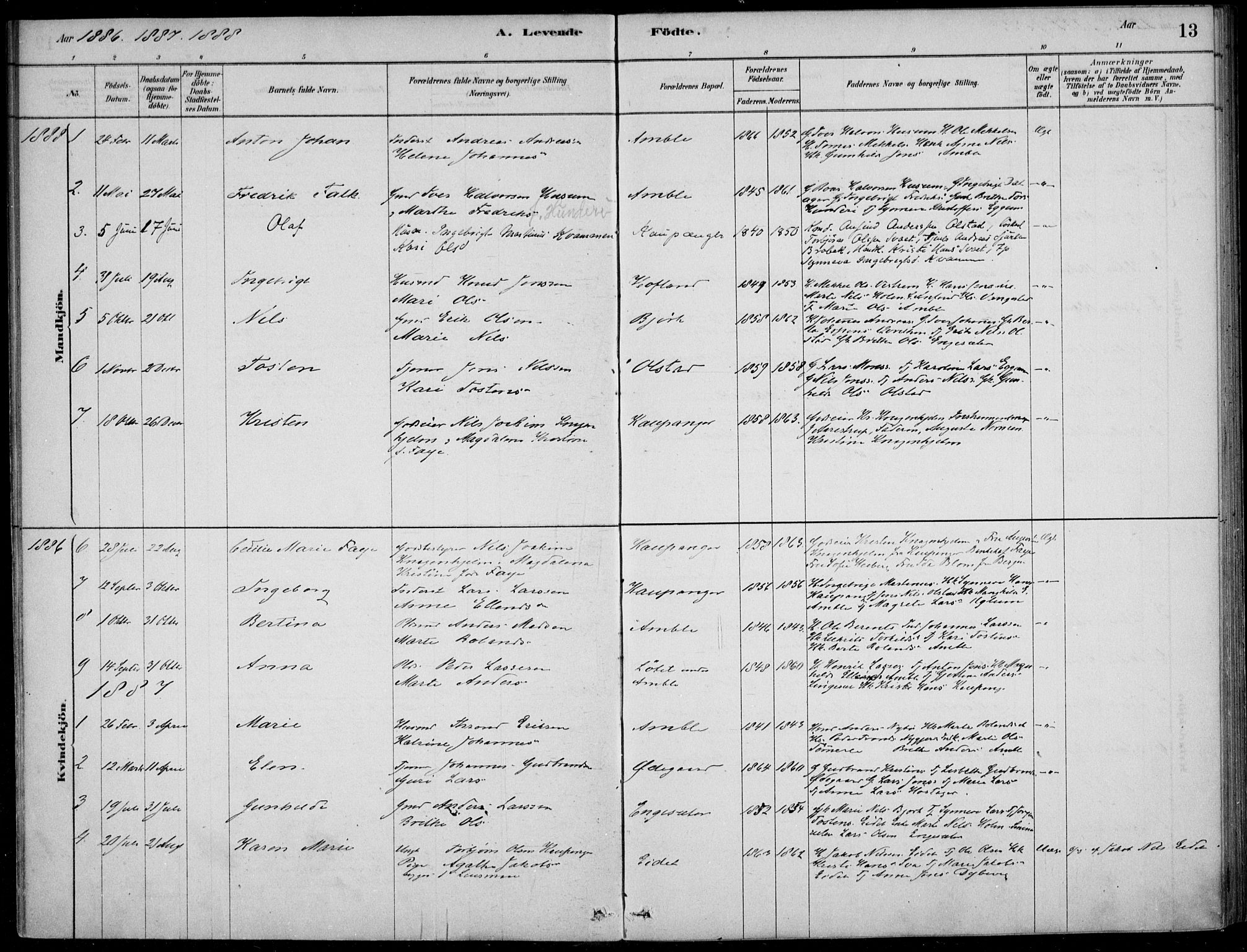 Sogndal sokneprestembete, SAB/A-81301/H/Haa/Haad/L0001: Parish register (official) no. D  1, 1878-1907, p. 13