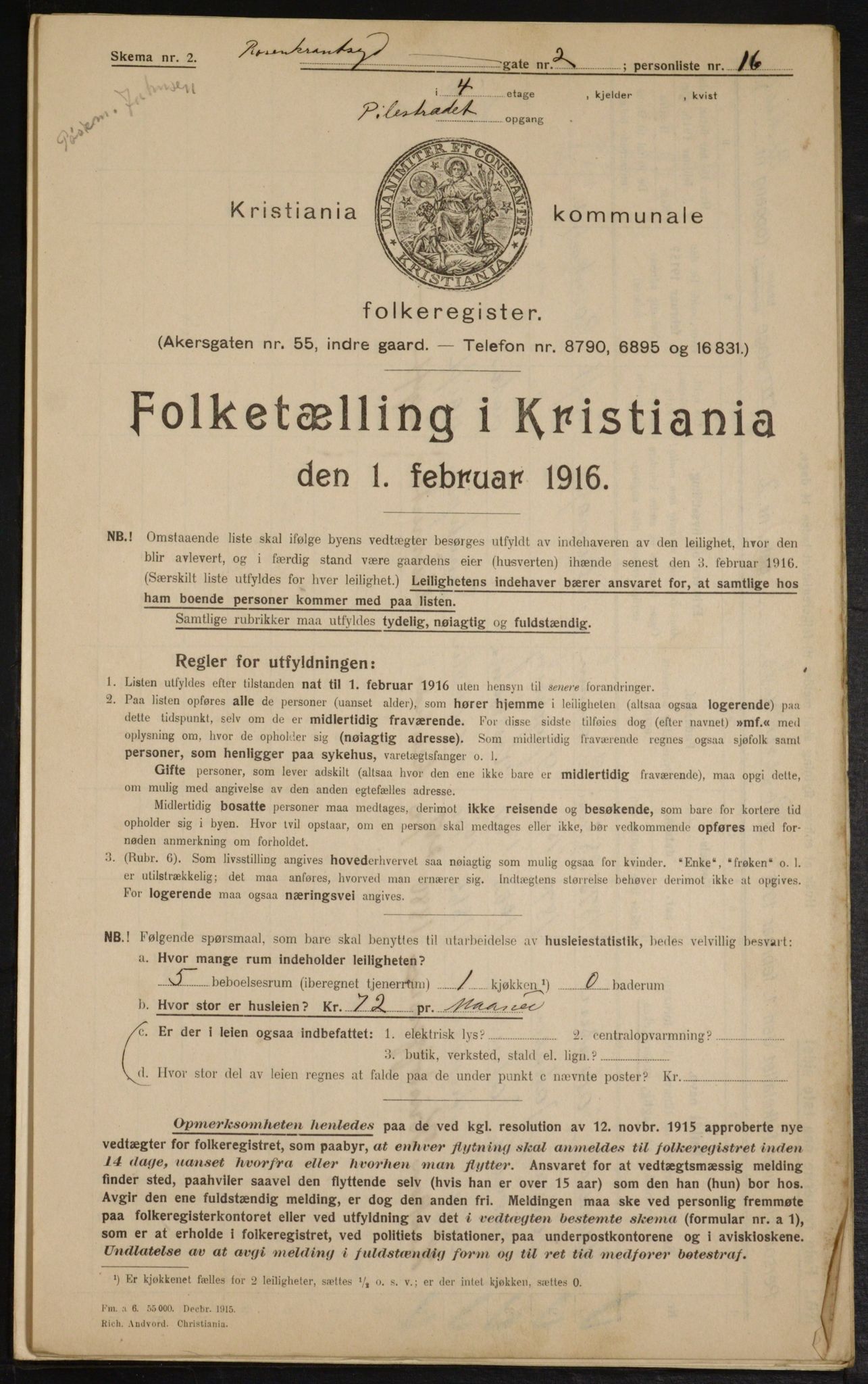 OBA, Municipal Census 1916 for Kristiania, 1916, p. 86095