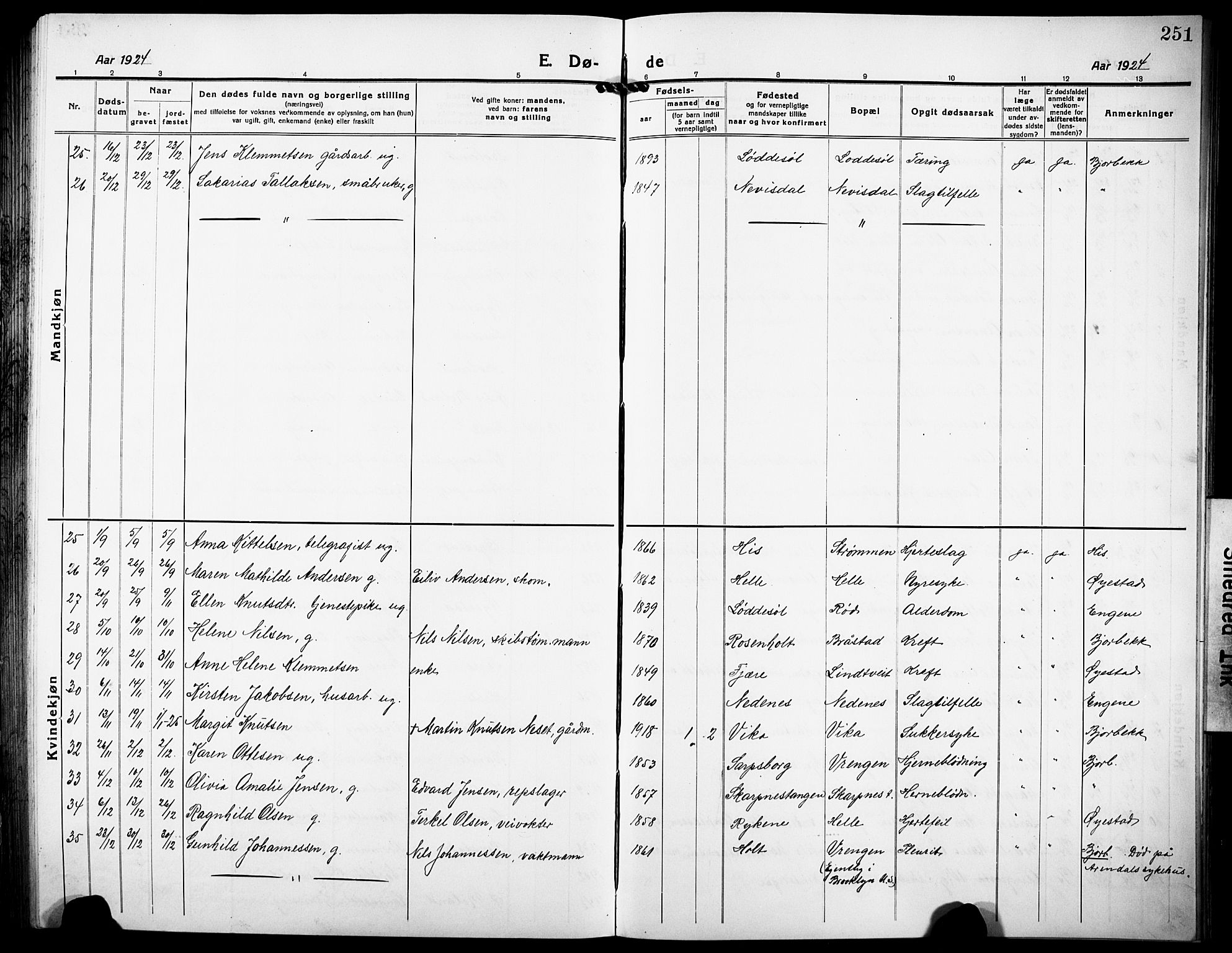 Øyestad sokneprestkontor, AV/SAK-1111-0049/F/Fb/L0012: Parish register (copy) no. B 12, 1919-1932, p. 251