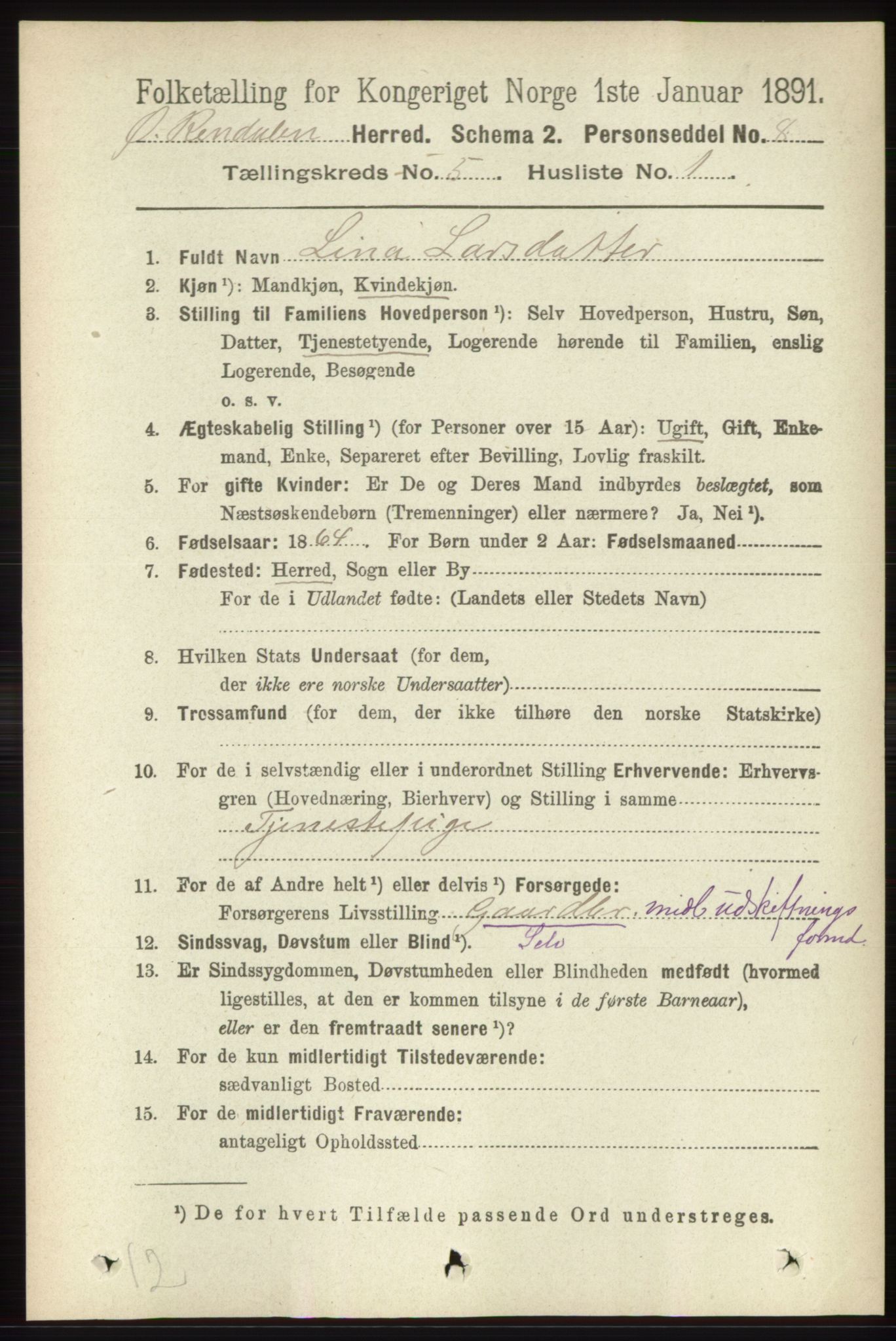 RA, 1891 census for 0433 Øvre Rendal, 1891, p. 1315