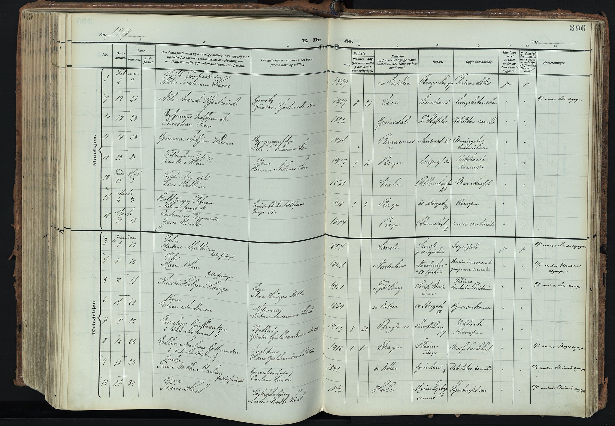 Bragernes kirkebøker, SAKO/A-6/F/Fb/L0010: Parish register (official) no. II 10, 1911-1922, p. 396
