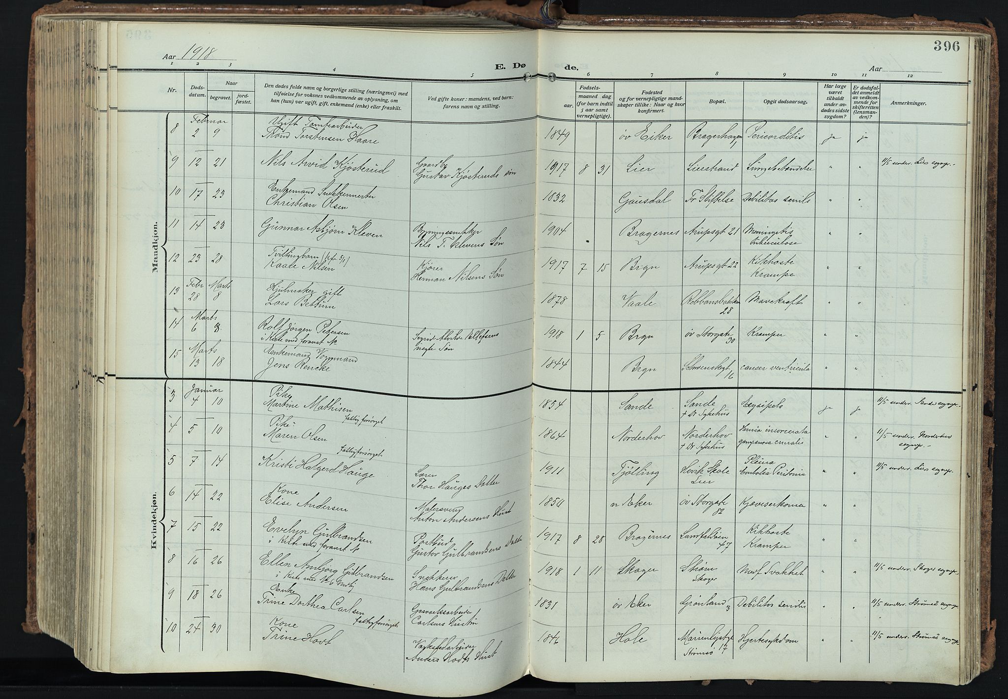 Bragernes kirkebøker, AV/SAKO-A-6/F/Fb/L0010: Parish register (official) no. II 10, 1911-1922, p. 396
