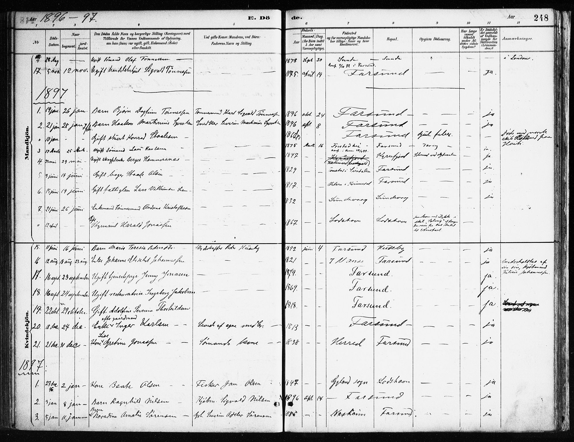 Farsund sokneprestkontor, AV/SAK-1111-0009/F/Fa/L0006: Parish register (official) no. A 6, 1887-1920, p. 248