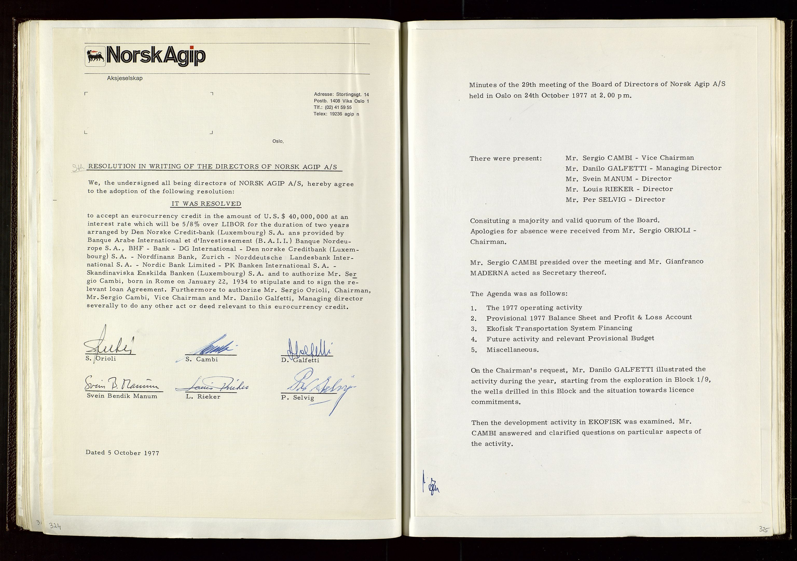 Pa 1583 - Norsk Agip AS, AV/SAST-A-102138/A/Aa/L0002: General assembly and Board of Directors meeting minutes, 1972-1979, p. 324-325