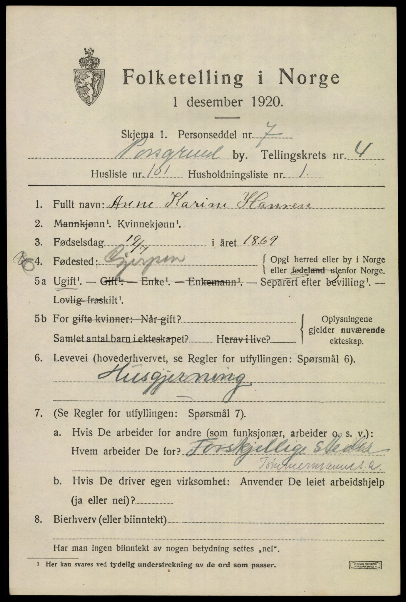 SAKO, 1920 census for Porsgrunn, 1920, p. 19871