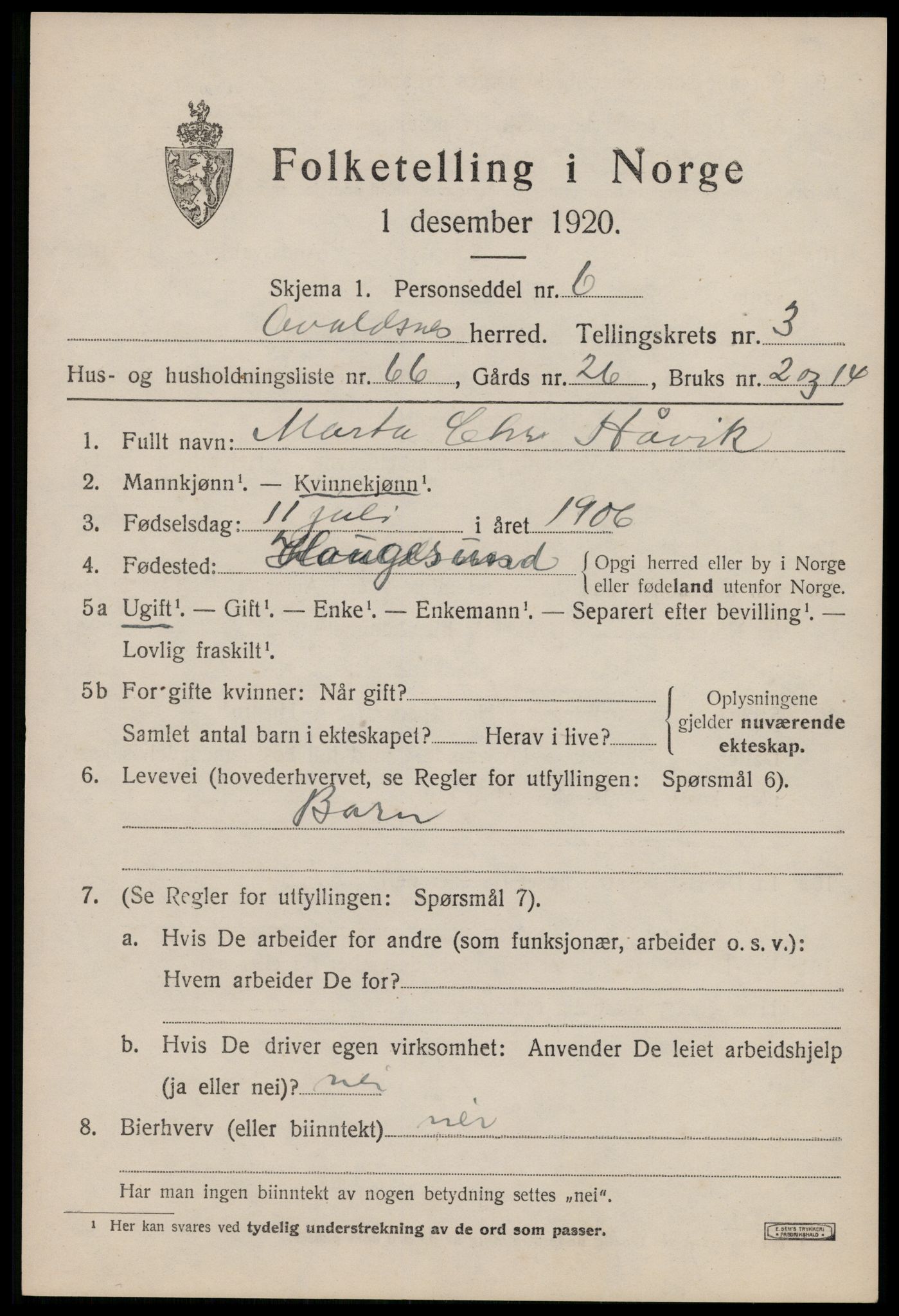 SAST, 1920 census for Avaldsnes, 1920, p. 3525