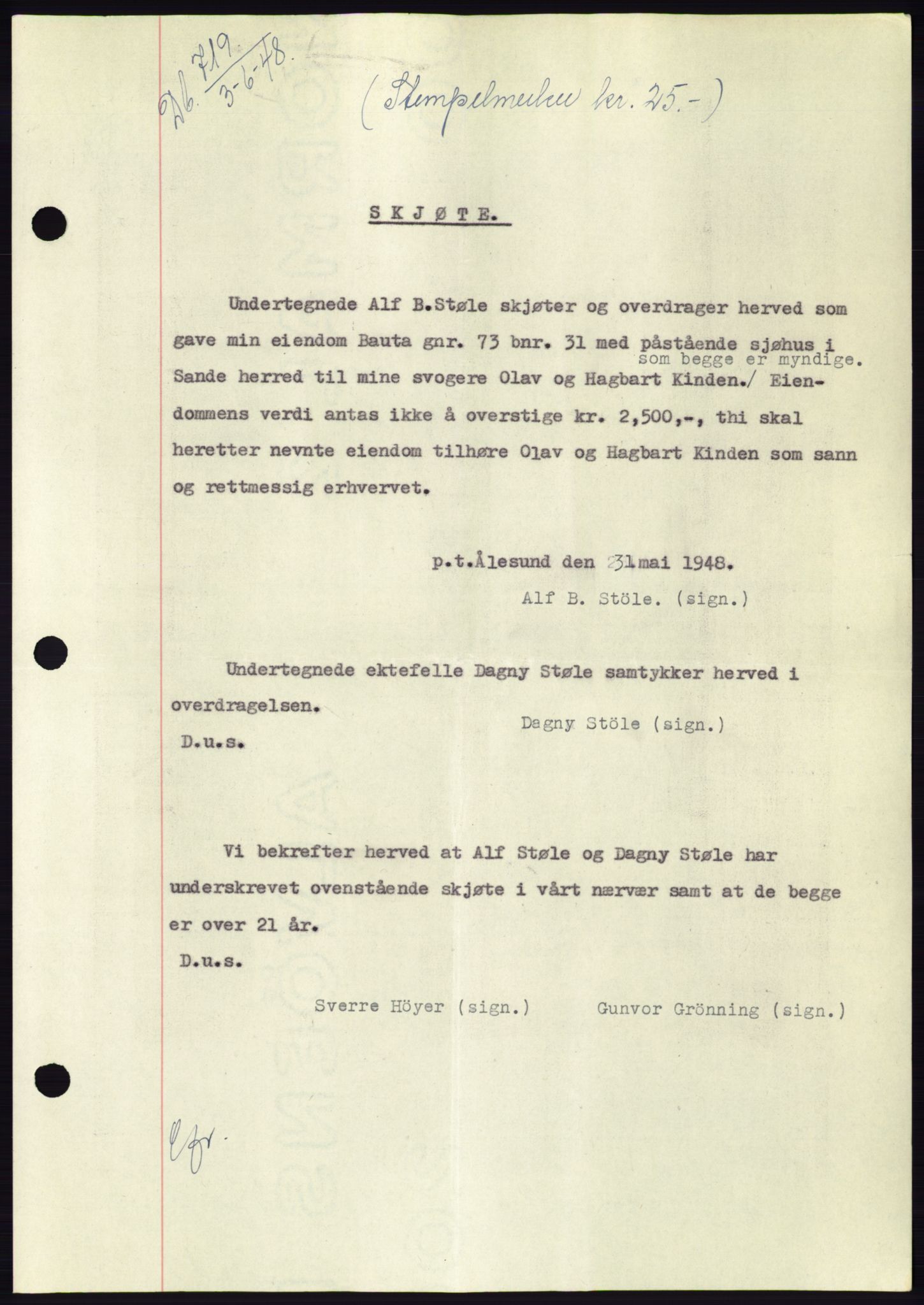 Søre Sunnmøre sorenskriveri, AV/SAT-A-4122/1/2/2C/L0082: Mortgage book no. 8A, 1948-1948, Diary no: : 719/1948