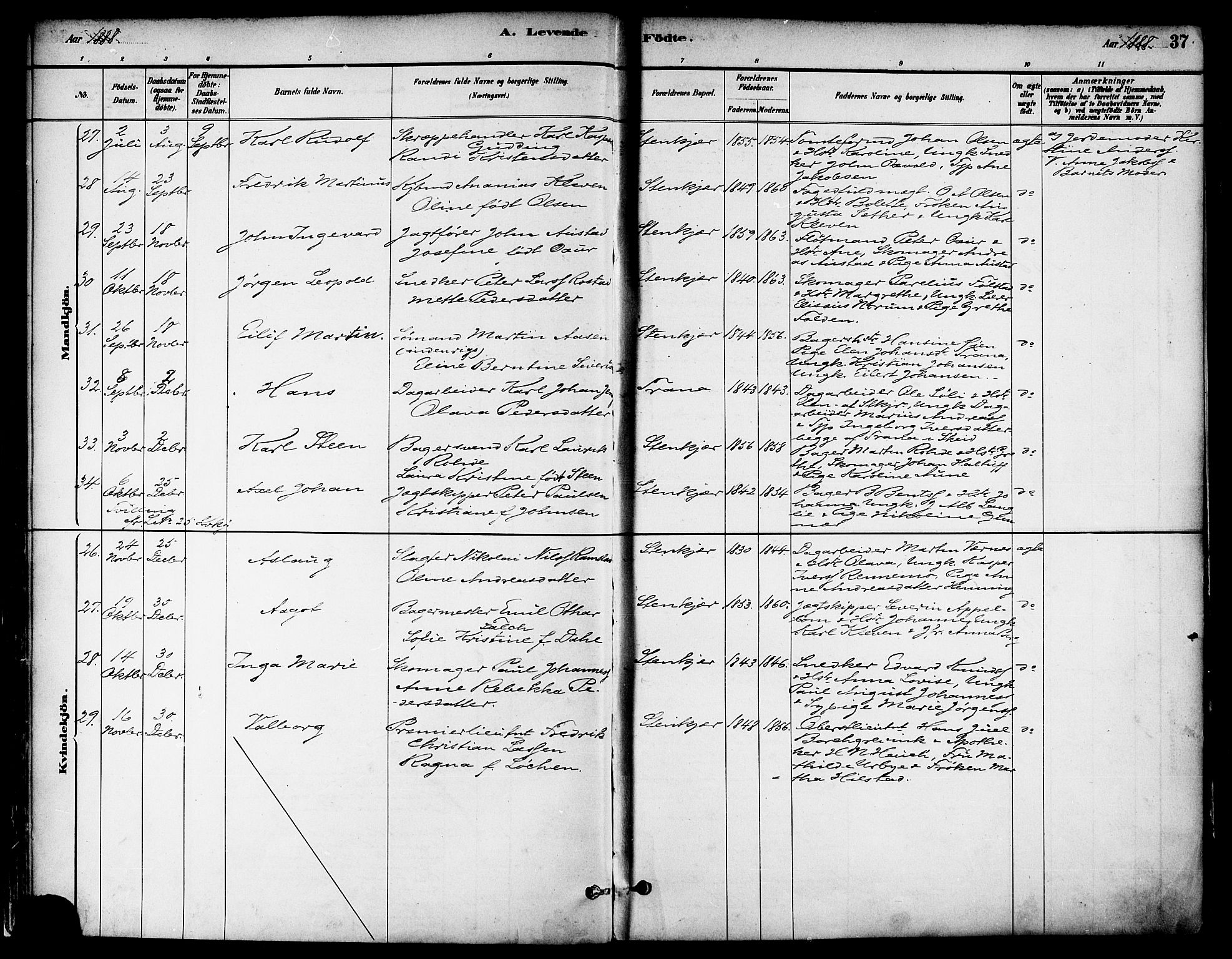 Ministerialprotokoller, klokkerbøker og fødselsregistre - Nord-Trøndelag, AV/SAT-A-1458/739/L0371: Parish register (official) no. 739A03, 1881-1895, p. 37