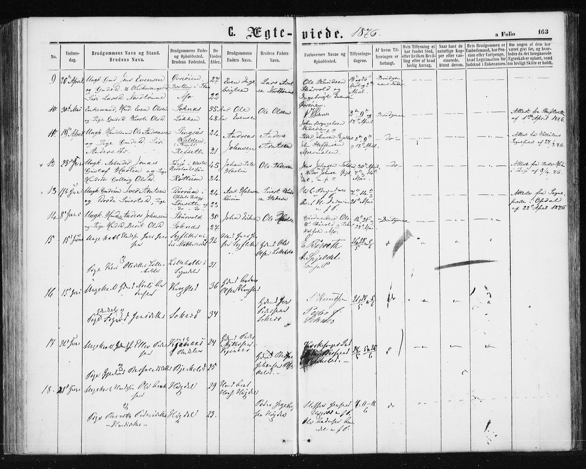 Ministerialprotokoller, klokkerbøker og fødselsregistre - Sør-Trøndelag, SAT/A-1456/687/L1001: Parish register (official) no. 687A07, 1863-1878, p. 163