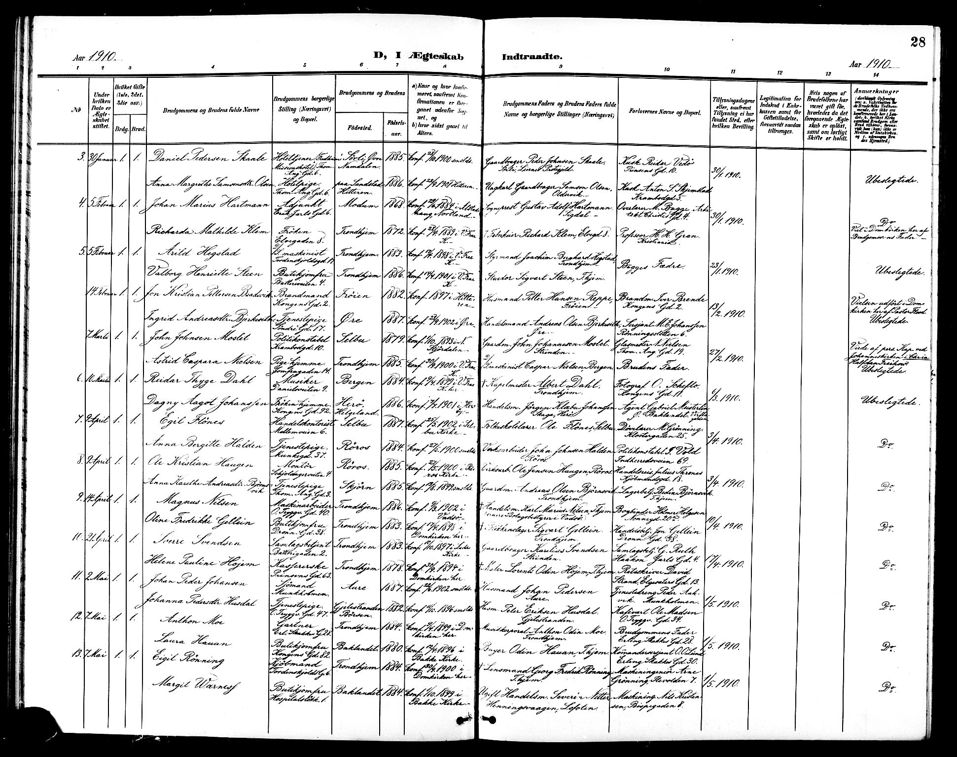 Ministerialprotokoller, klokkerbøker og fødselsregistre - Sør-Trøndelag, SAT/A-1456/602/L0145: Parish register (copy) no. 602C13, 1902-1919, p. 28