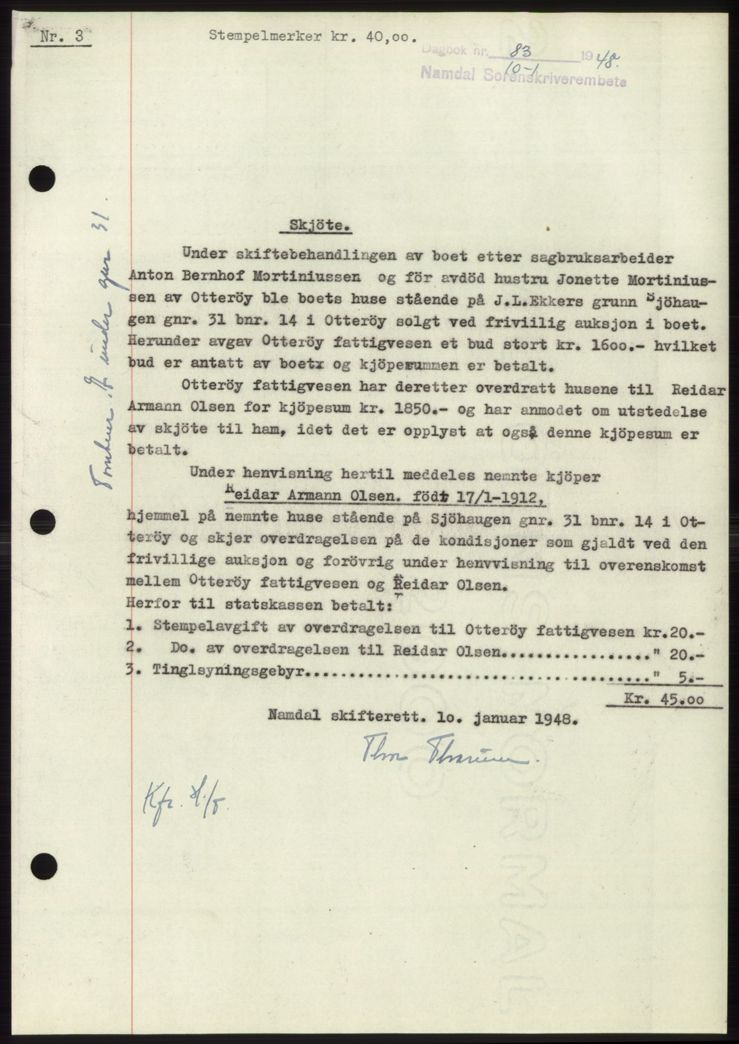 Namdal sorenskriveri, SAT/A-4133/1/2/2C: Mortgage book no. -, 1947-1948, Diary no: : 83/1948