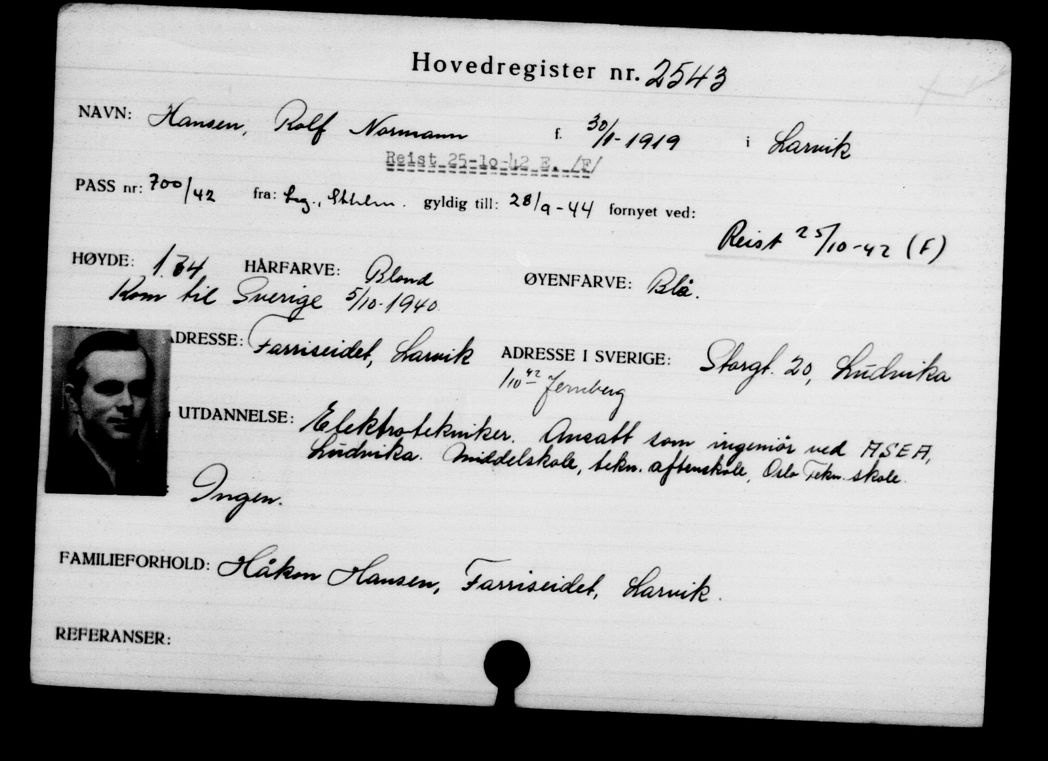 Utenriksstasjonene, Legasjonen i Stockholm, Flyktningkontoret, AV/RA-S-6753/V/Va/L0003: Kjesäterkartoteket, flyktninger med registreringsnr. 2001-3495, 1940-1945, p. 890