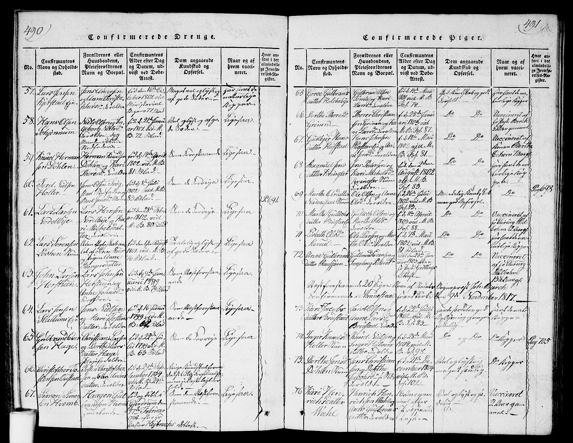 Nannestad prestekontor Kirkebøker, SAO/A-10414a/G/Ga/L0001: Parish register (copy) no. I 1, 1815-1839, p. 490-491