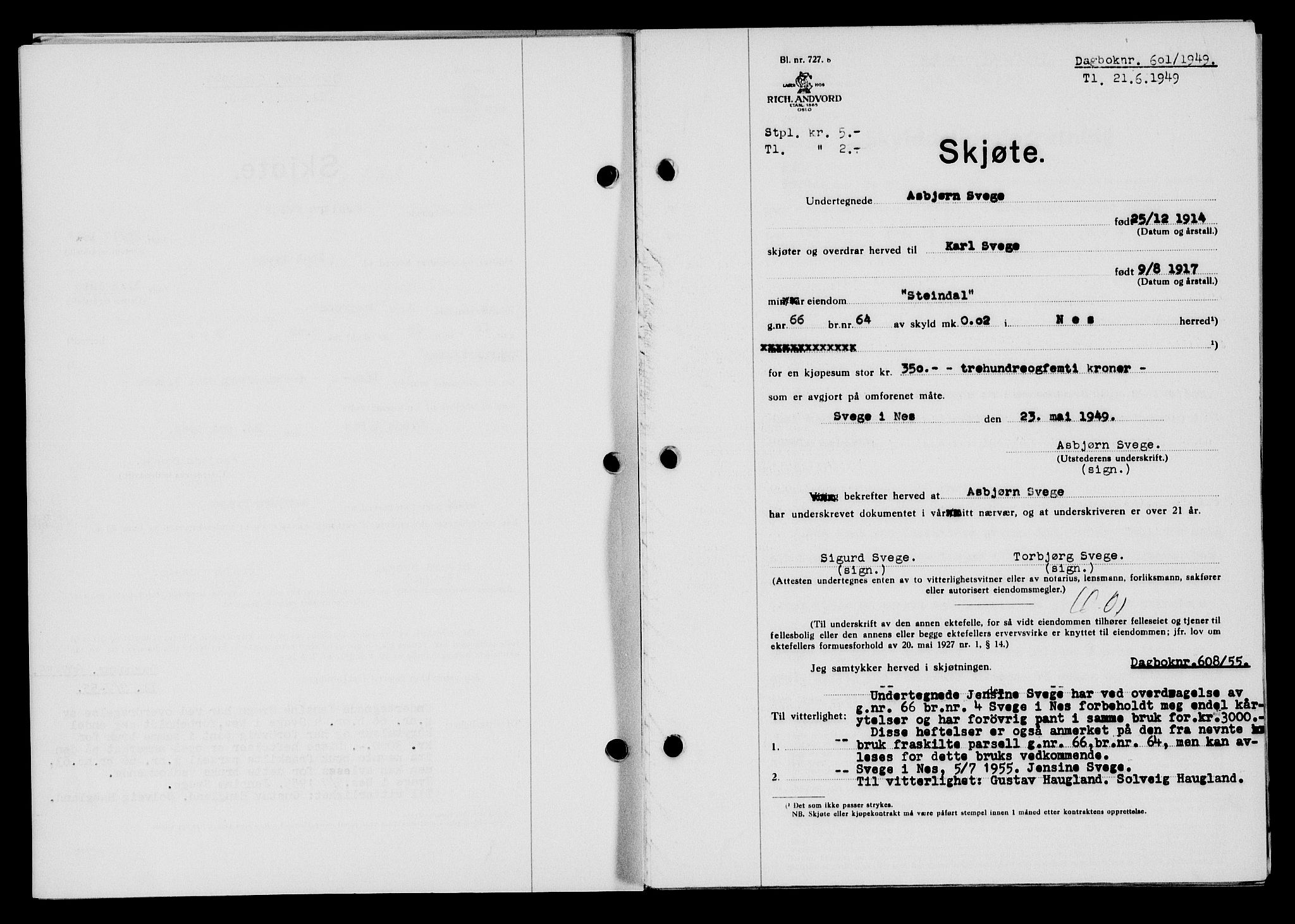 Flekkefjord sorenskriveri, AV/SAK-1221-0001/G/Gb/Gba/L0065: Mortgage book no. A-13, 1949-1949, Diary no: : 601/1949