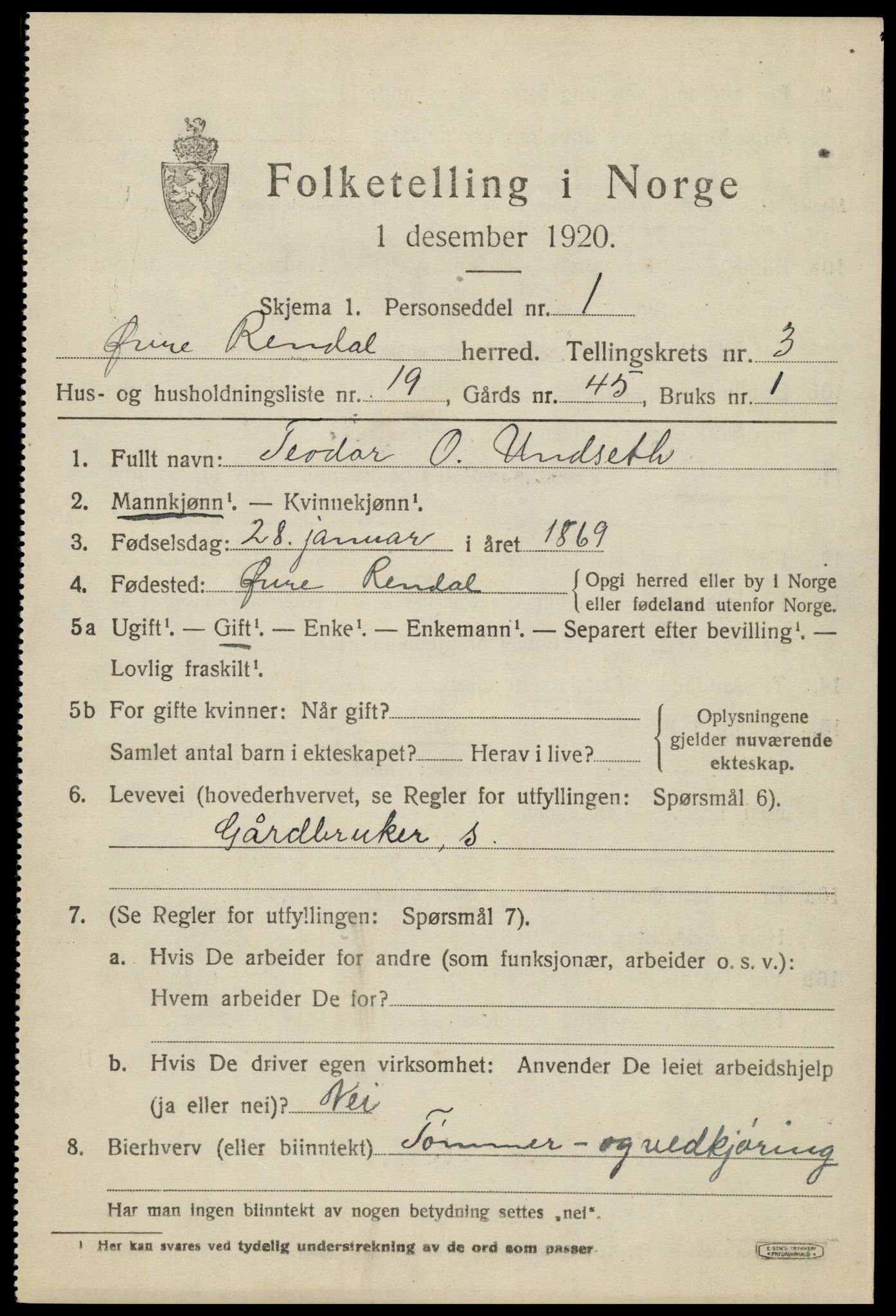 SAH, 1920 census for Øvre Rendal, 1920, p. 1519