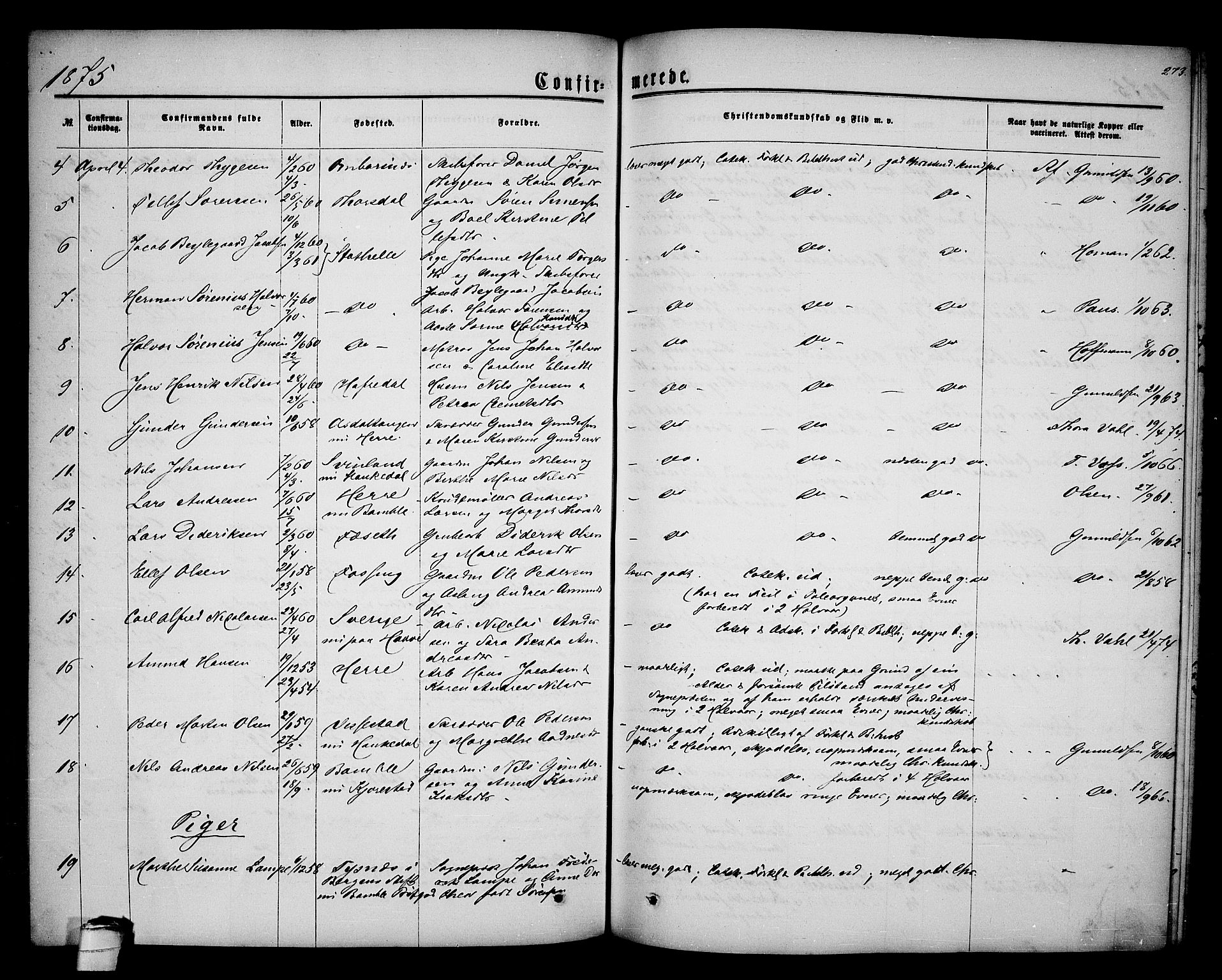 Bamble kirkebøker, AV/SAKO-A-253/G/Ga/L0006: Parish register (copy) no. I 6, 1860-1876, p. 273