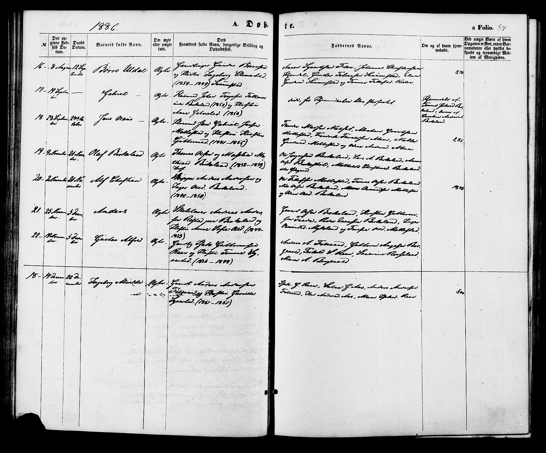 Birkenes sokneprestkontor, AV/SAK-1111-0004/F/Fa/L0004: Parish register (official) no. A 4, 1867-1886, p. 84