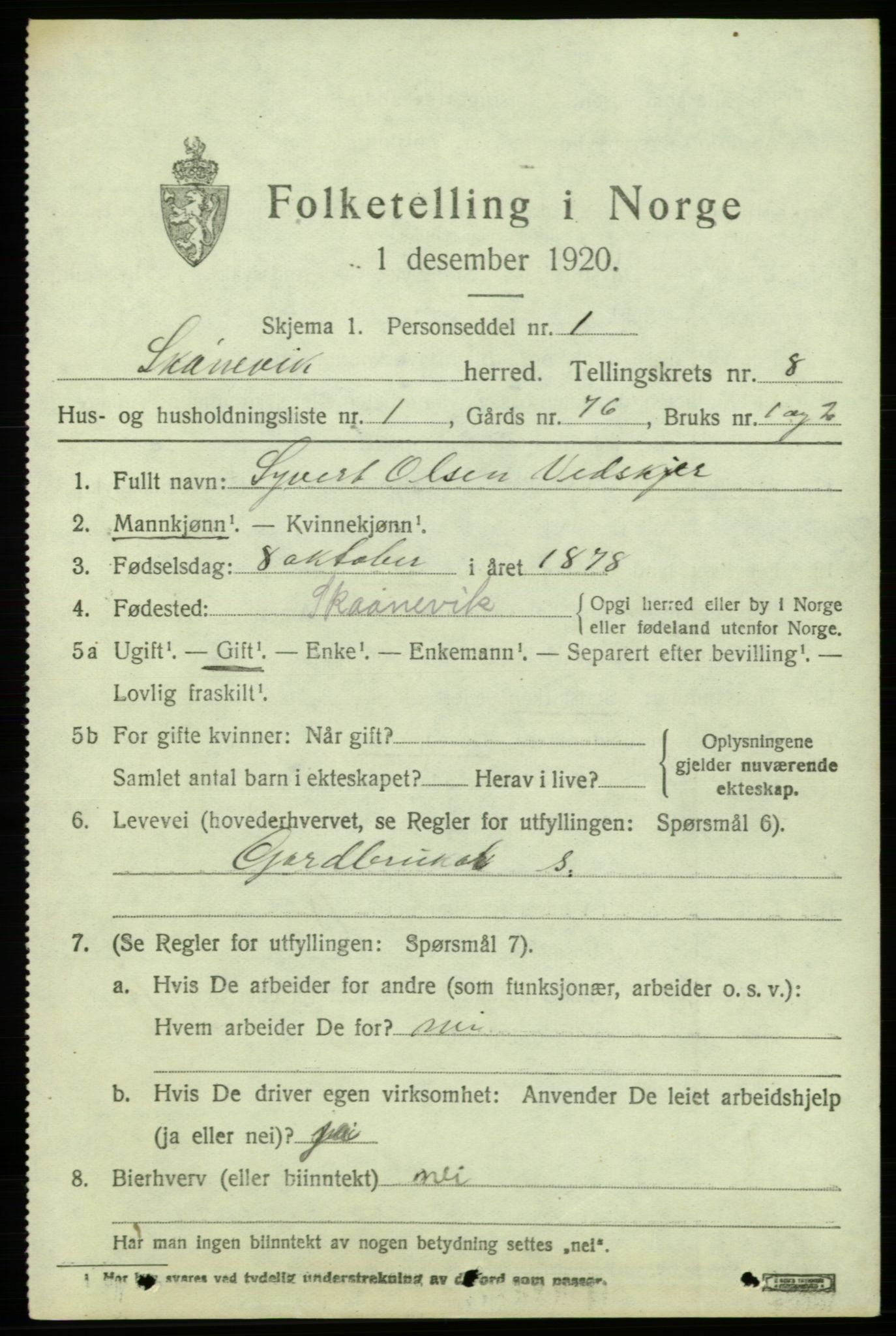 SAB, 1920 census for Skånevik, 1920, p. 4573