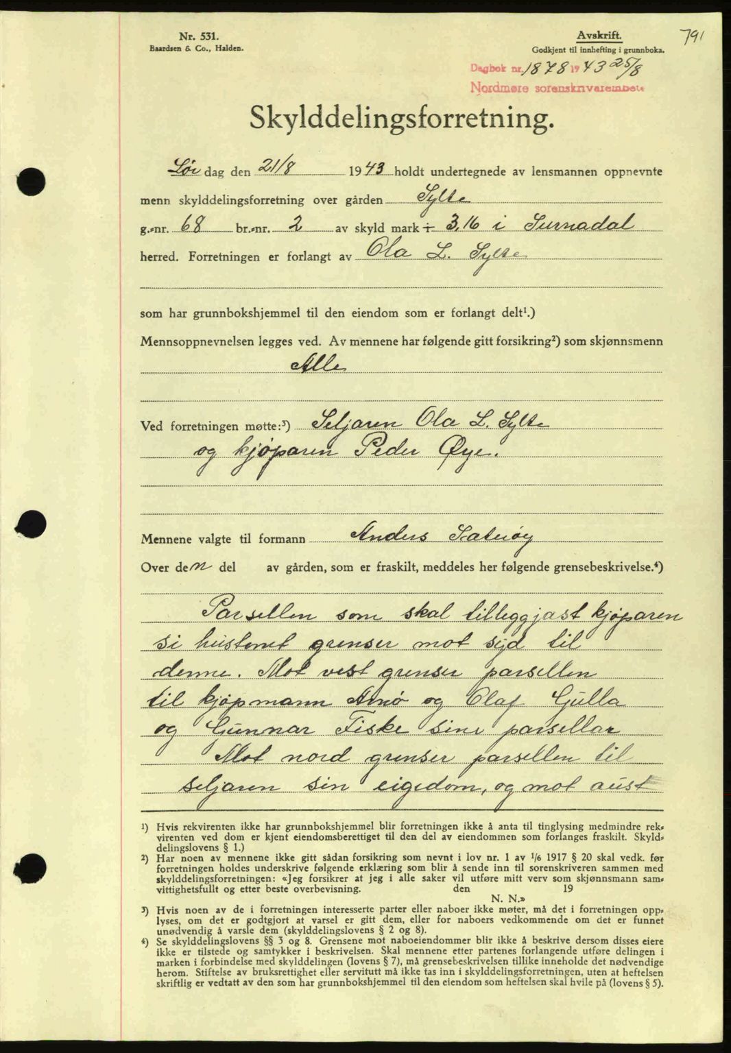 Nordmøre sorenskriveri, AV/SAT-A-4132/1/2/2Ca: Mortgage book no. A95, 1943-1943, Diary no: : 1878/1943