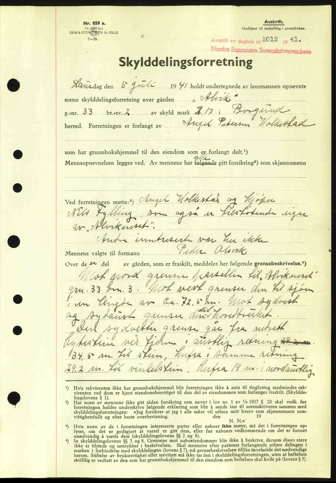 Nordre Sunnmøre sorenskriveri, SAT/A-0006/1/2/2C/2Ca: Mortgage book no. A11, 1941-1941, Diary no: : 1012/1941