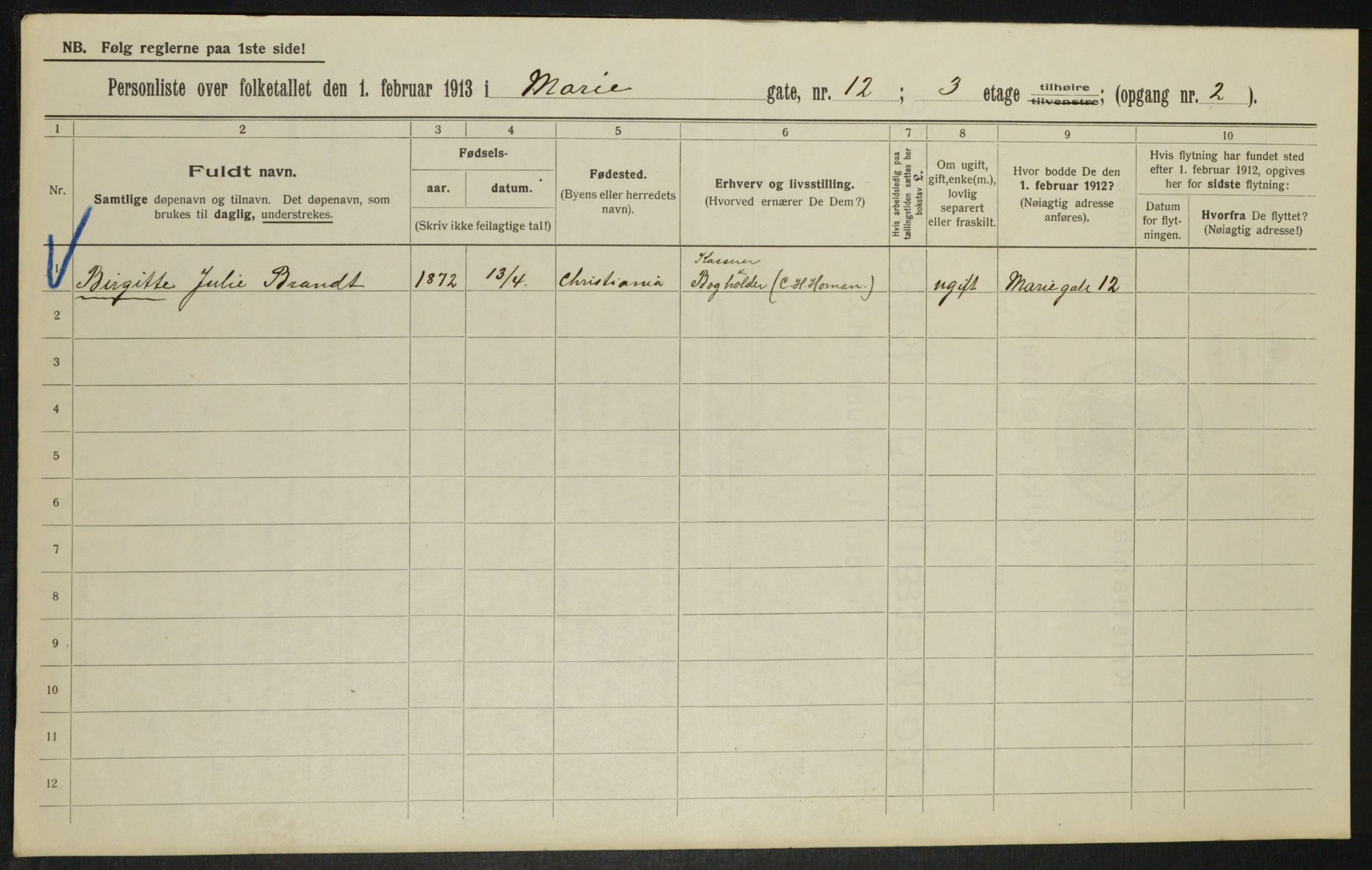 OBA, Municipal Census 1913 for Kristiania, 1913, p. 62763