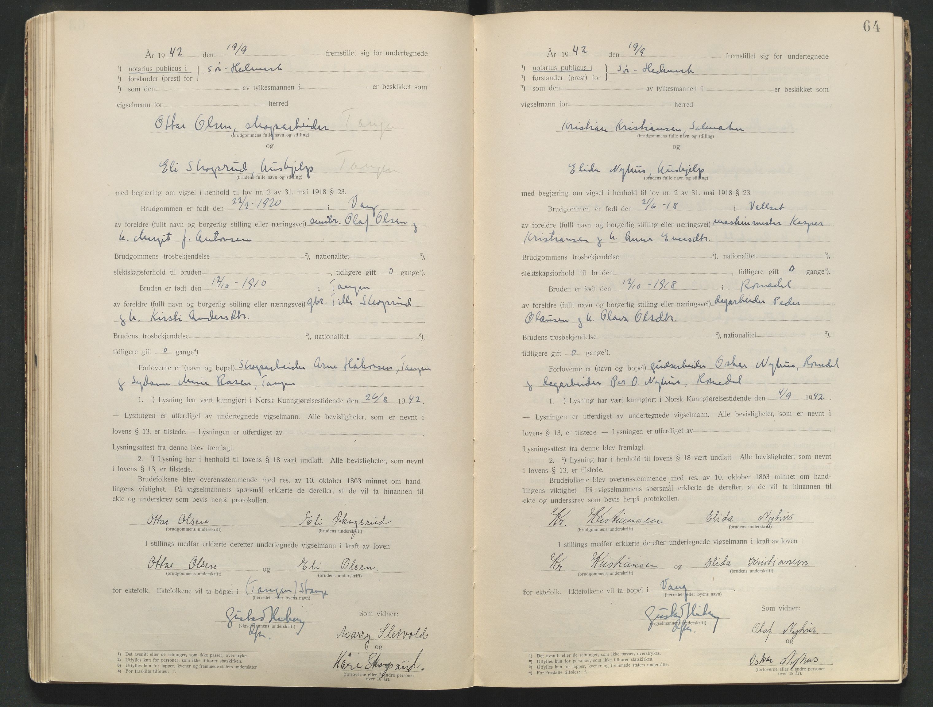 Sør-Hedmark sorenskriveri, AV/SAH-TING-014/L/Le/L0001/0002: Vigselbøker / Vigselbok, 1938-1942, p. 64