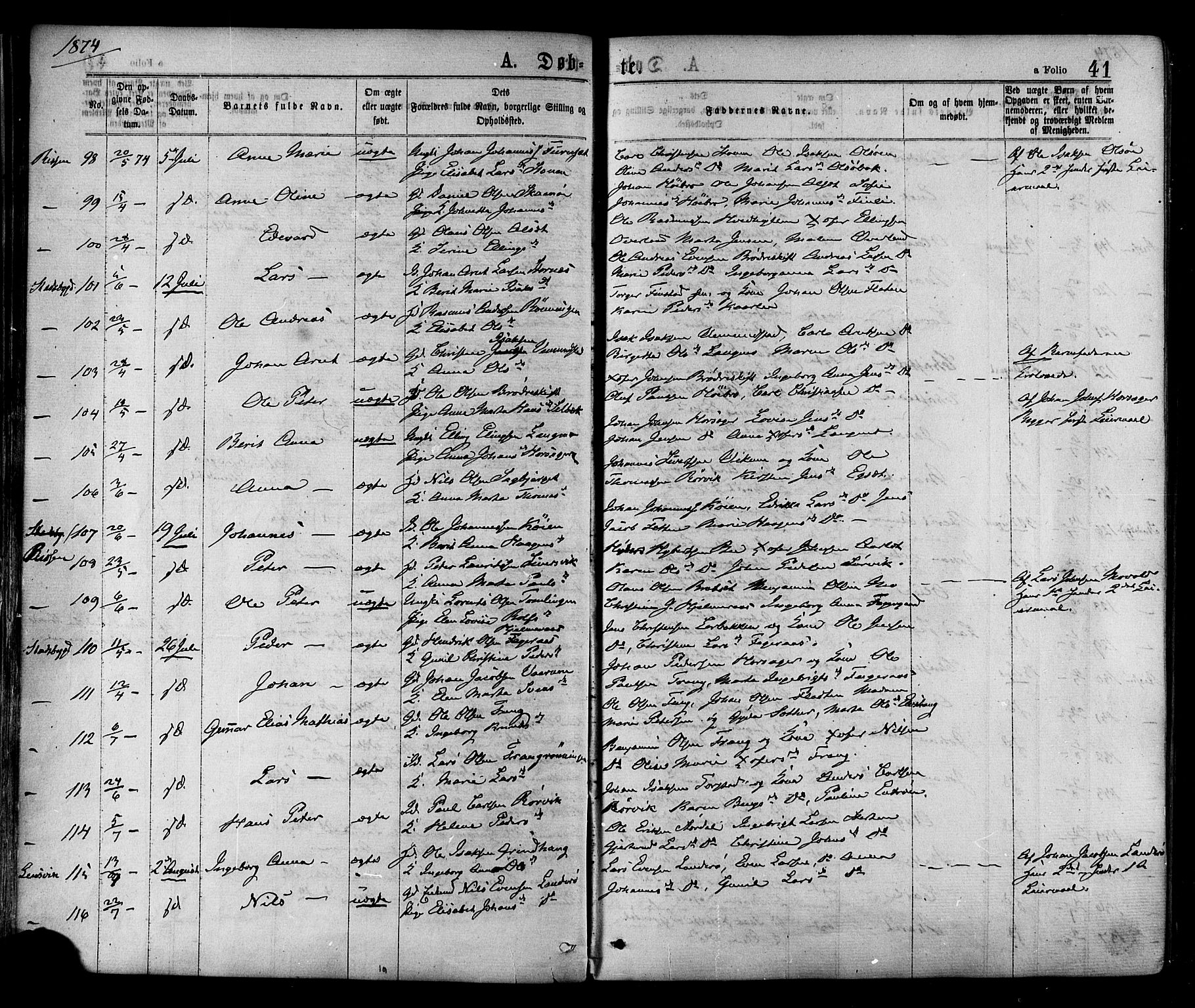 Ministerialprotokoller, klokkerbøker og fødselsregistre - Sør-Trøndelag, AV/SAT-A-1456/646/L0613: Parish register (official) no. 646A11, 1870-1884, p. 41