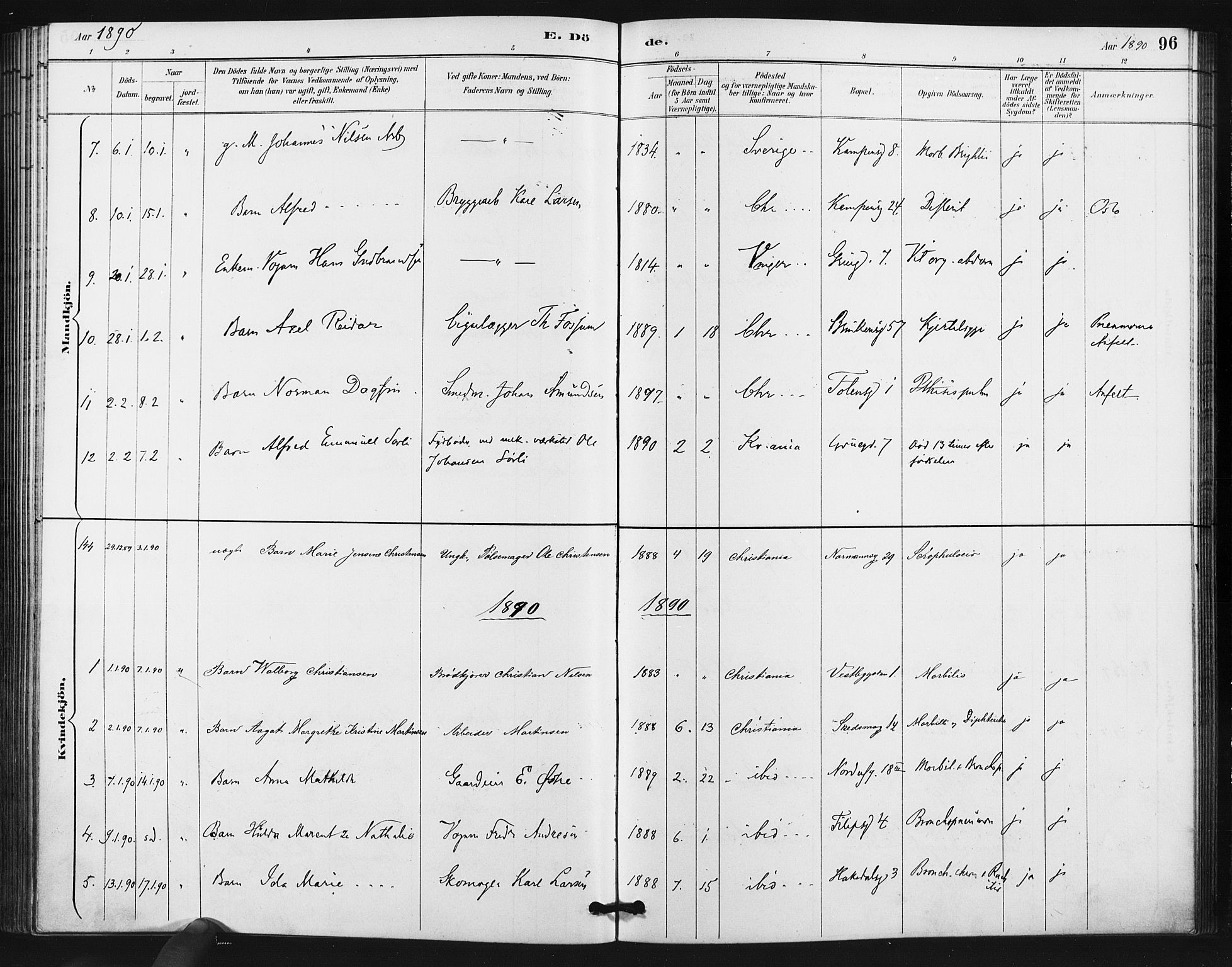 Kampen prestekontor Kirkebøker, AV/SAO-A-10853/F/Fa/L0006: Parish register (official) no. I 6, 1889-1896, p. 96