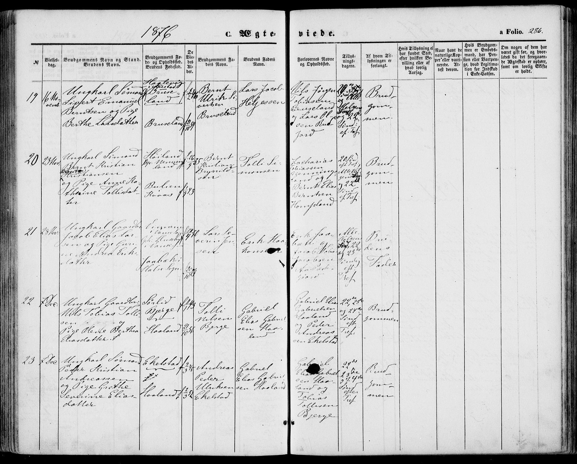 Lyngdal sokneprestkontor, SAK/1111-0029/F/Fa/Fac/L0010: Parish register (official) no. A 10, 1865-1878, p. 286