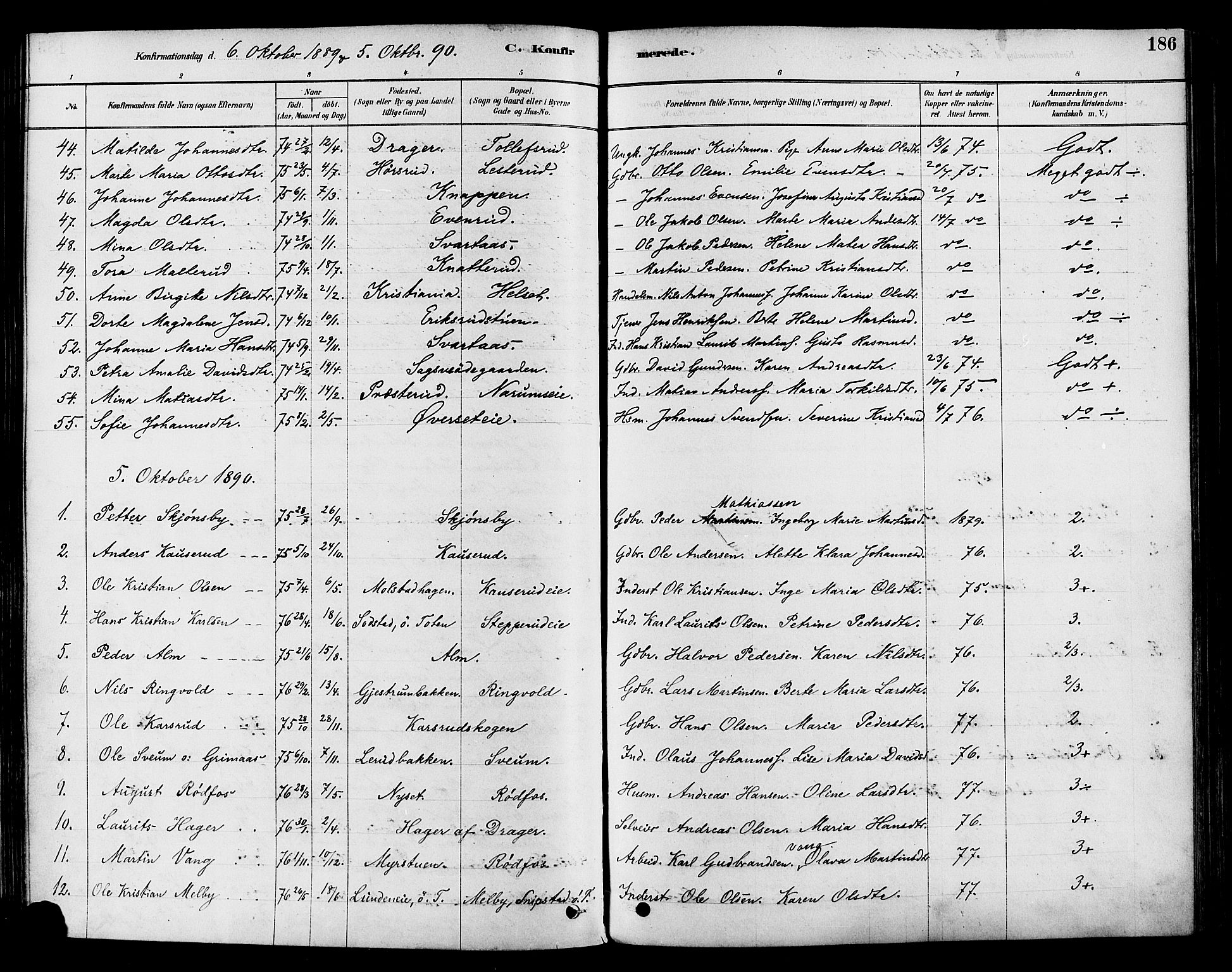 Vestre Toten prestekontor, SAH/PREST-108/H/Ha/Haa/L0009: Parish register (official) no. 9, 1878-1894, p. 186