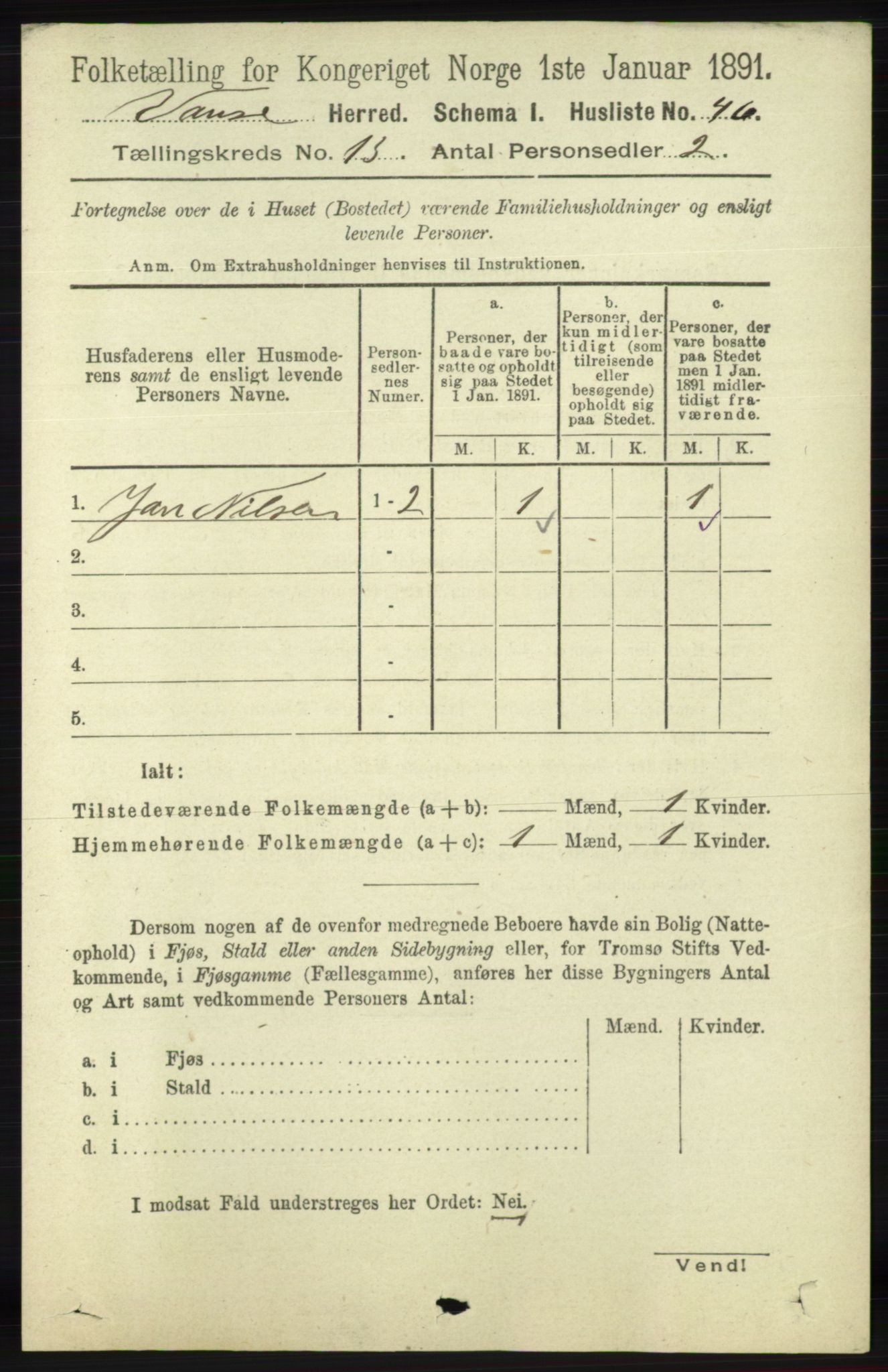 RA, 1891 census for 1041 Vanse, 1891, p. 7510