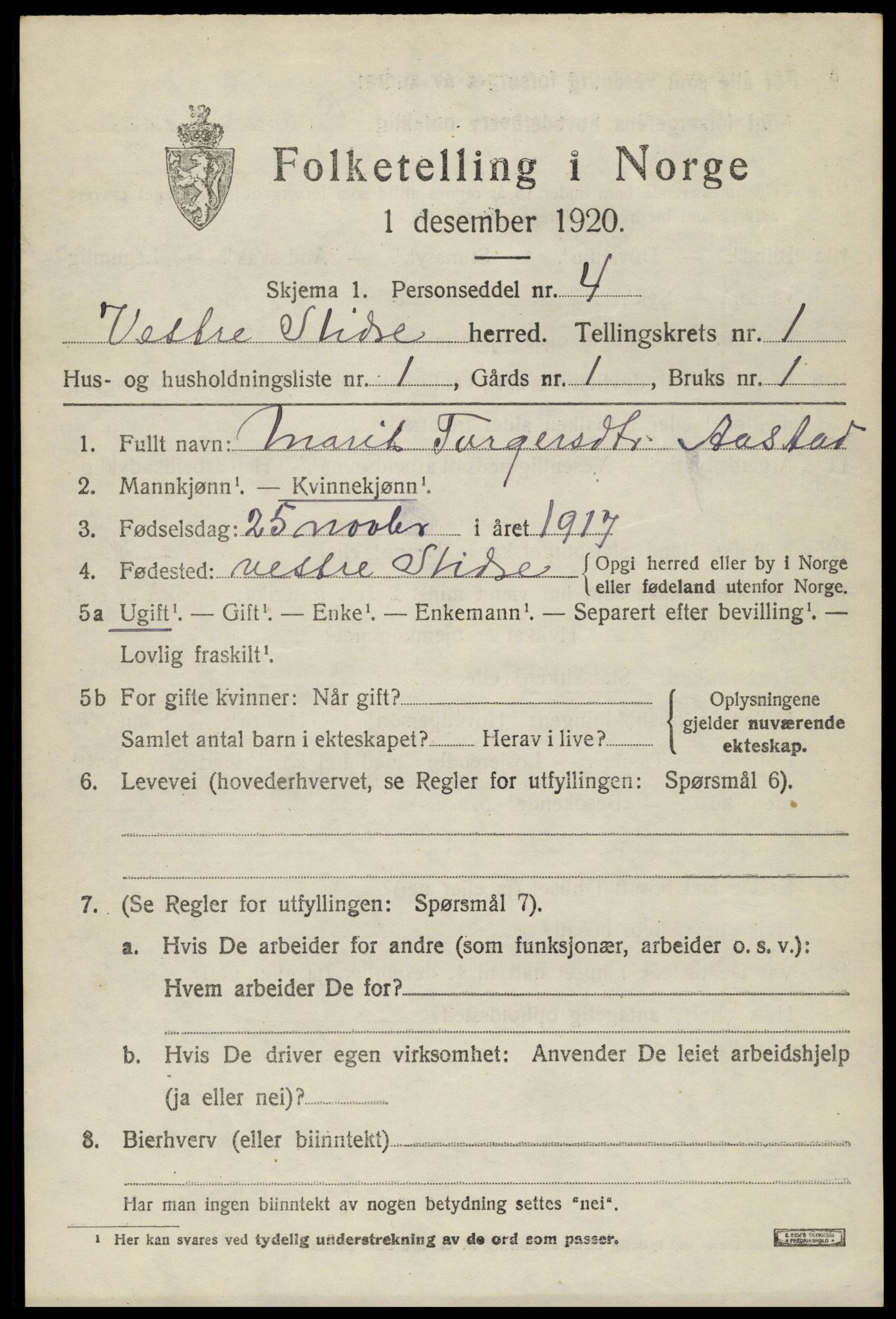 SAH, 1920 census for Vestre Slidre, 1920, p. 1000